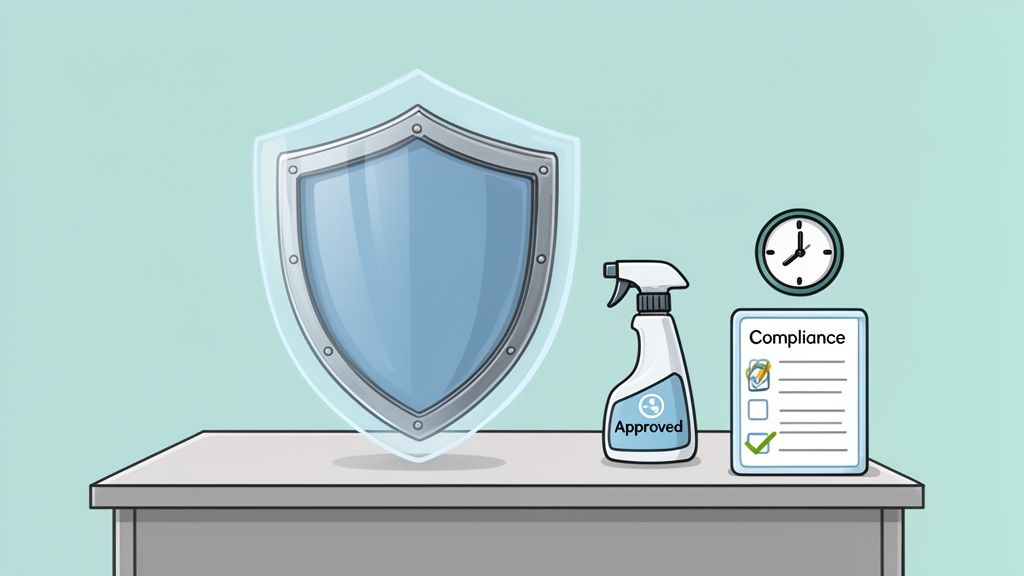 A large shield, spray bottle, clock, and compliance checklist on a table, symbolizing safety and approved cleaning.