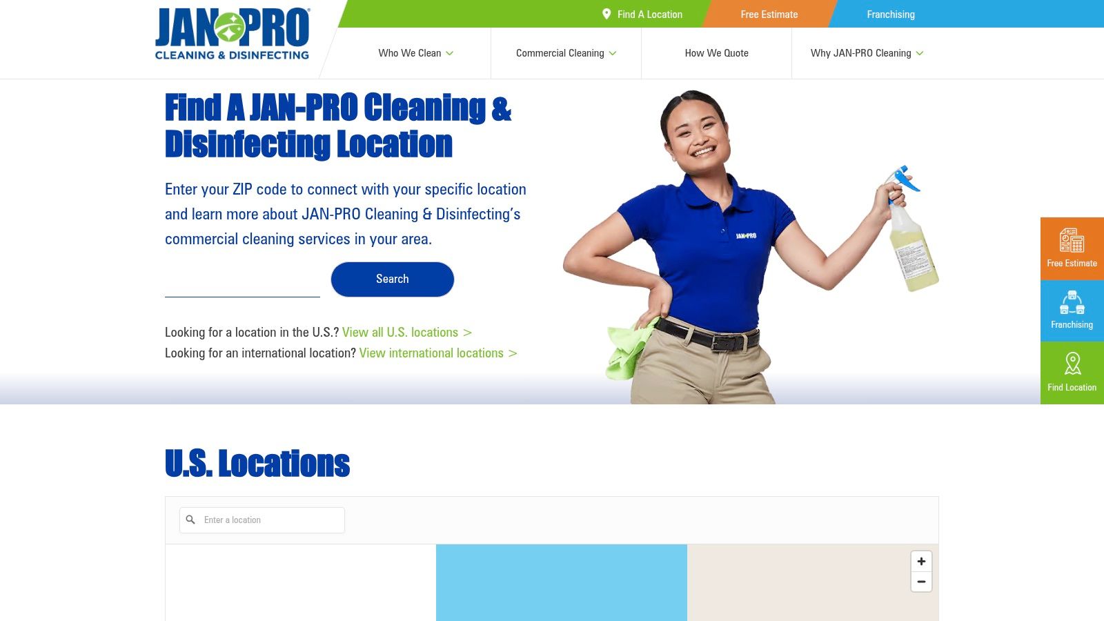 A cleaning professional in uniform wipes down an office desk.