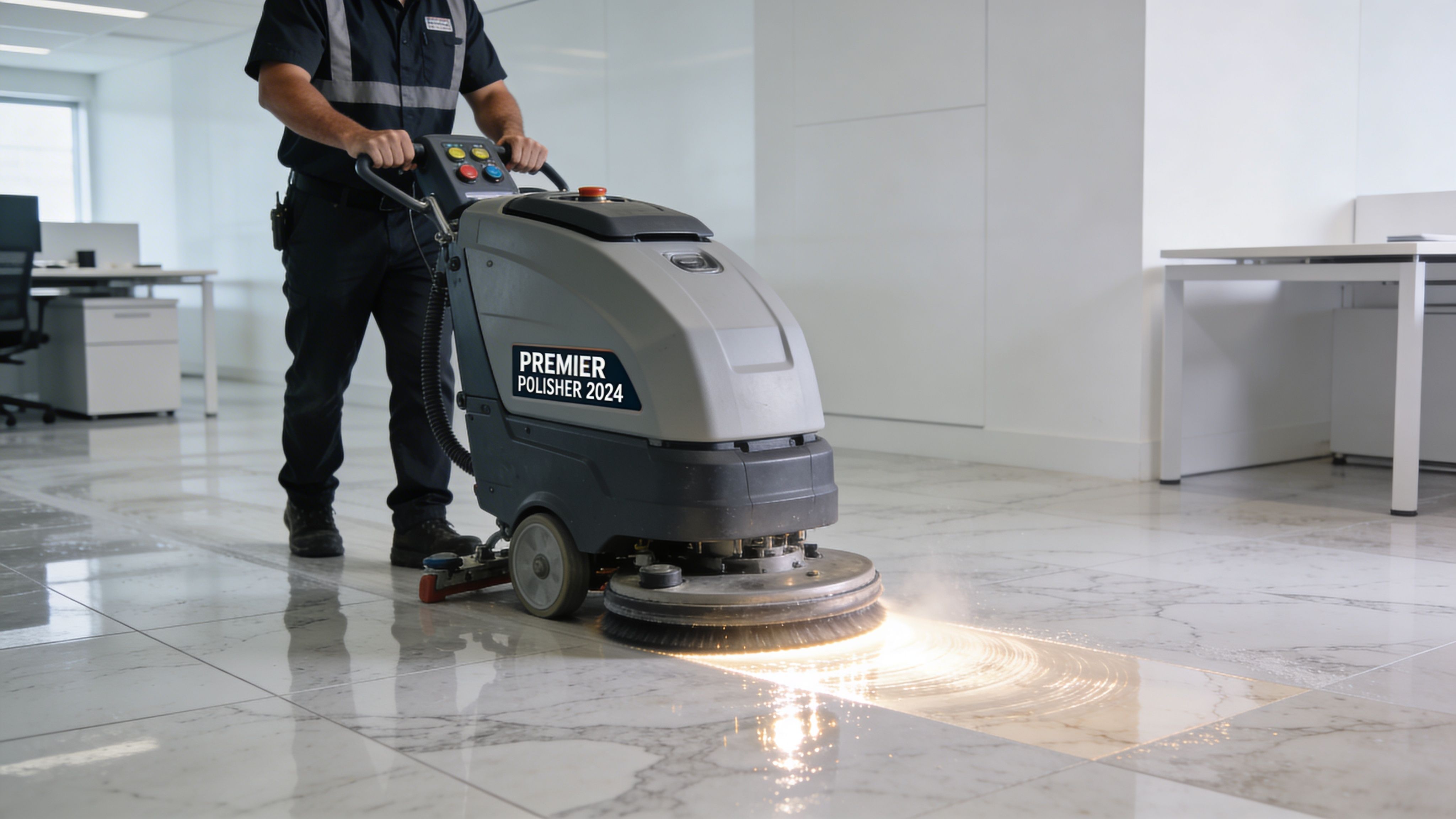 A professional cleaner using a commercial floor polishing machine to clean a bright modern office space.