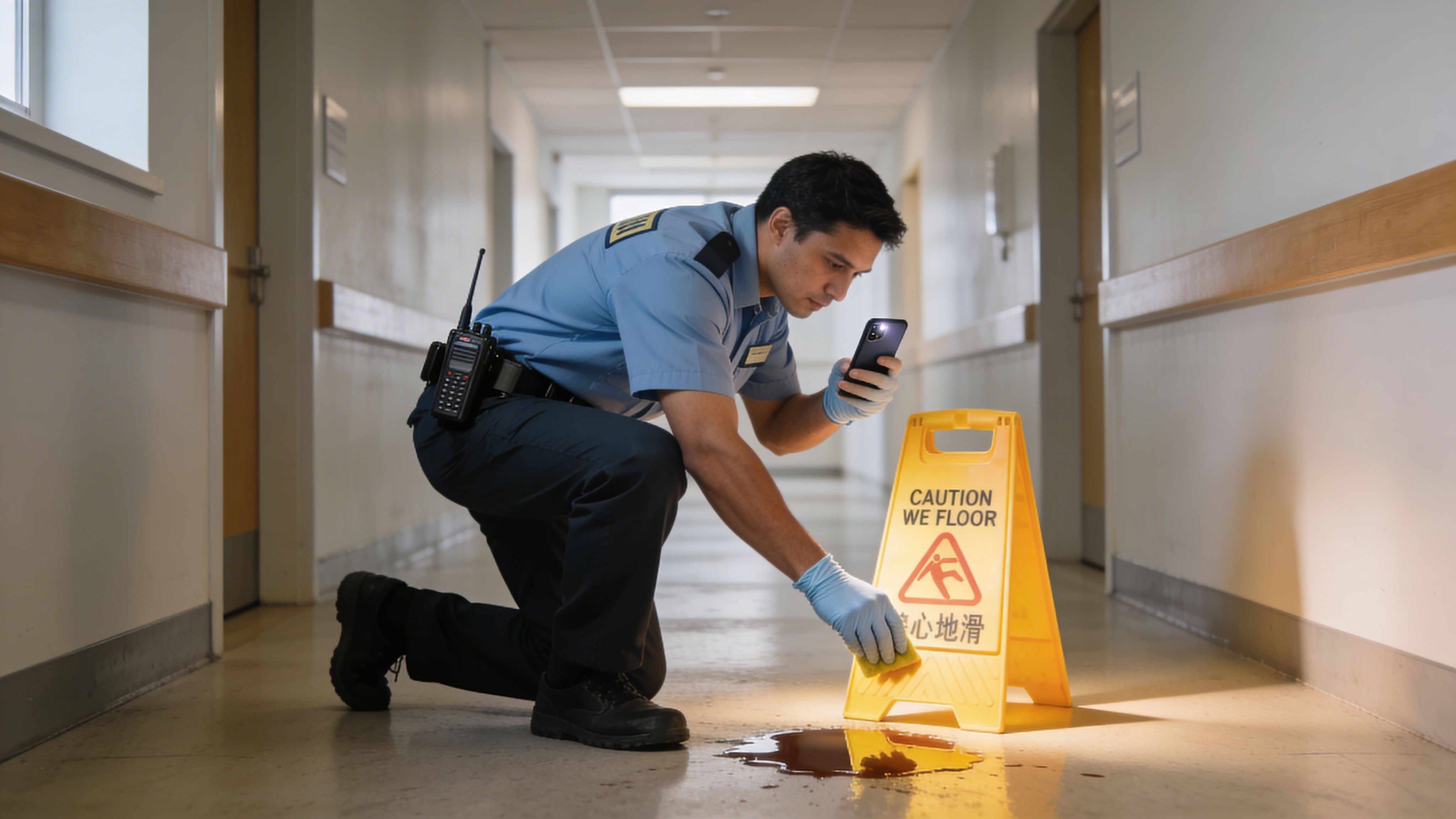 A security guard kneeling on the floor to clean up a spill near a wet floor sign.