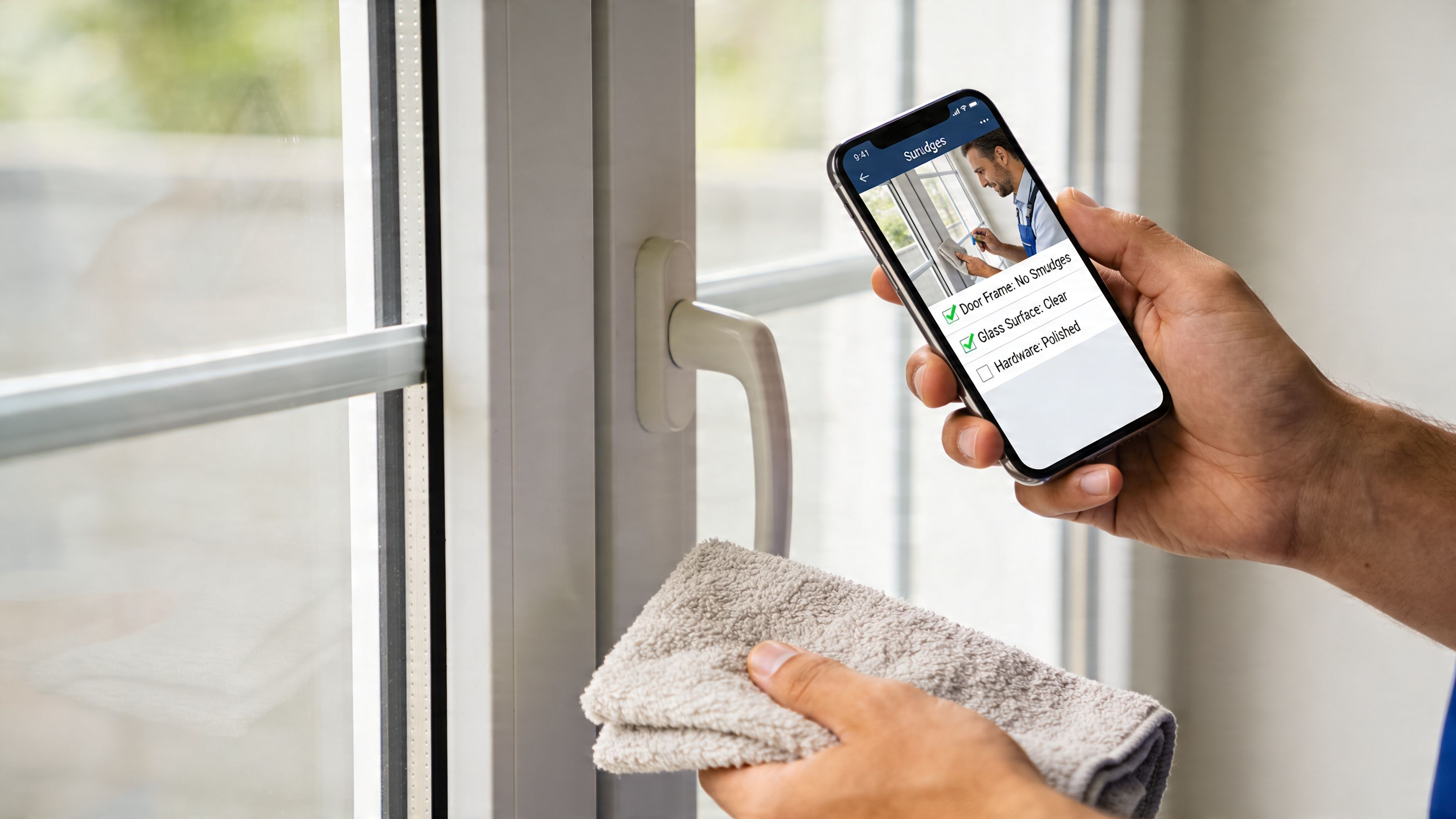 A professional janitor cleaning a window while using a mobile application to track their inspection checklist.