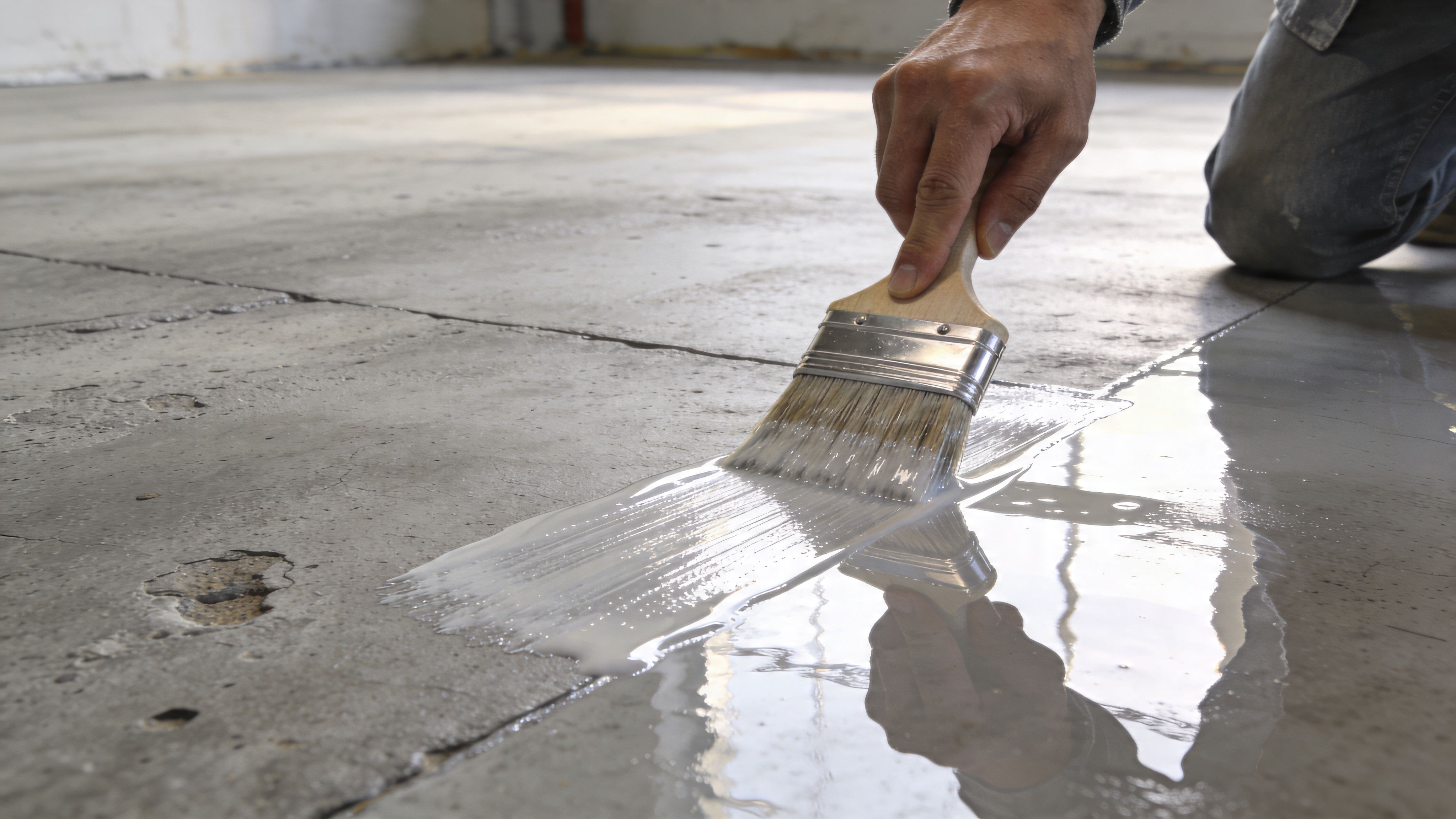 A worker applying white sealant or paint to a concrete floor using a handheld paint brush