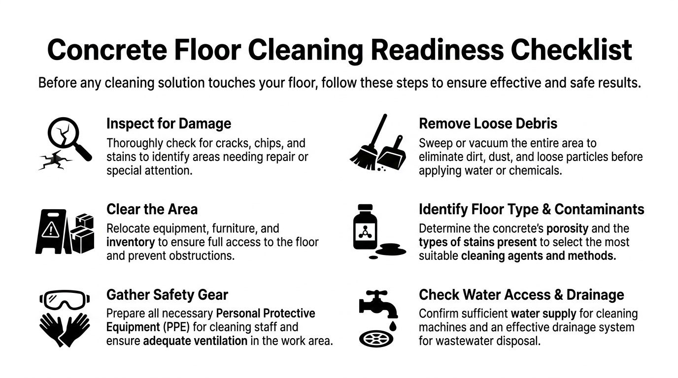 A checklist infographic outlining important steps to prepare a concrete floor for safe and effective cleaning.