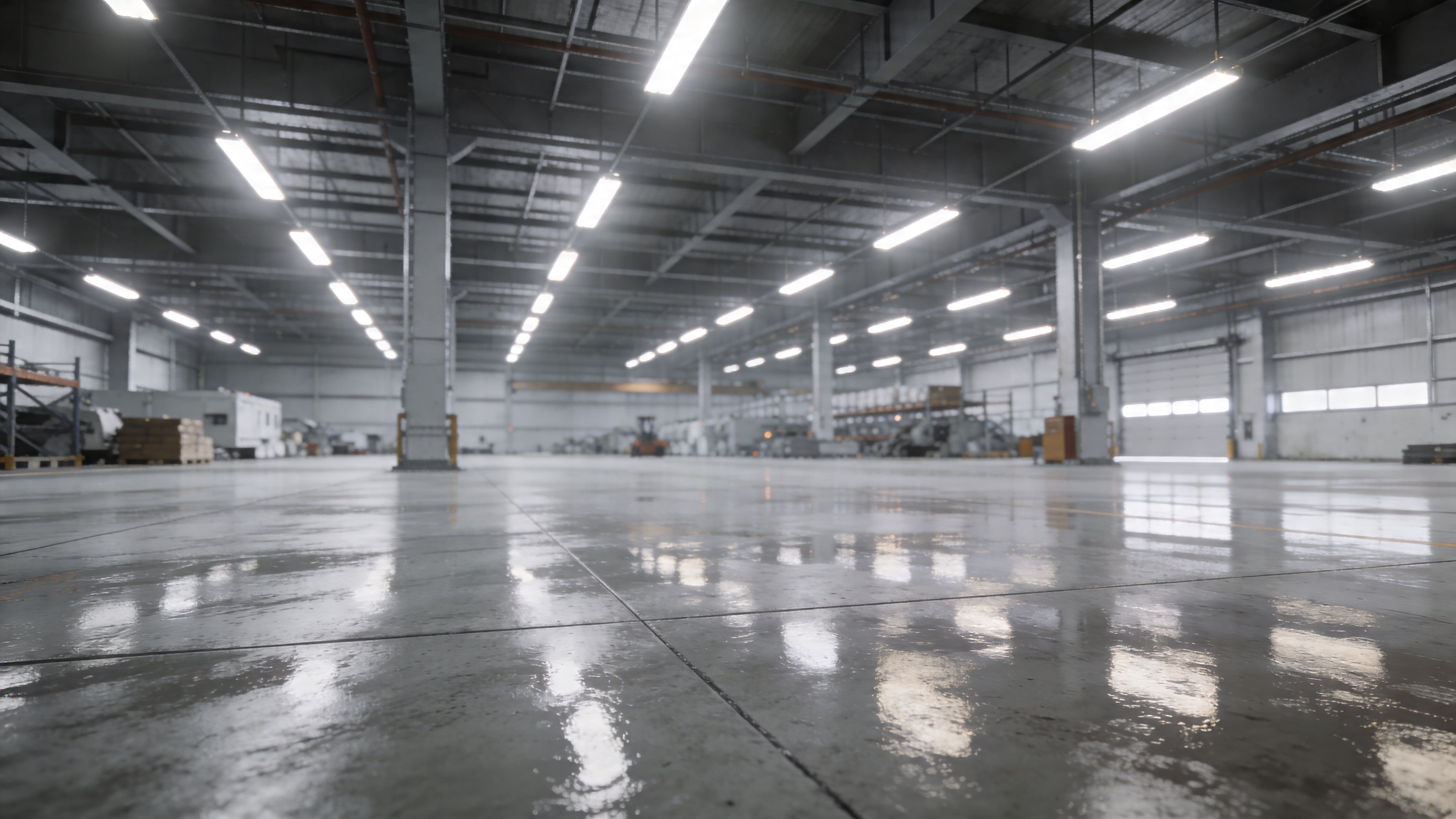 A vast, clean, and empty industrial warehouse featuring polished concrete flooring and high-ceiling pendant lighting fixtures.