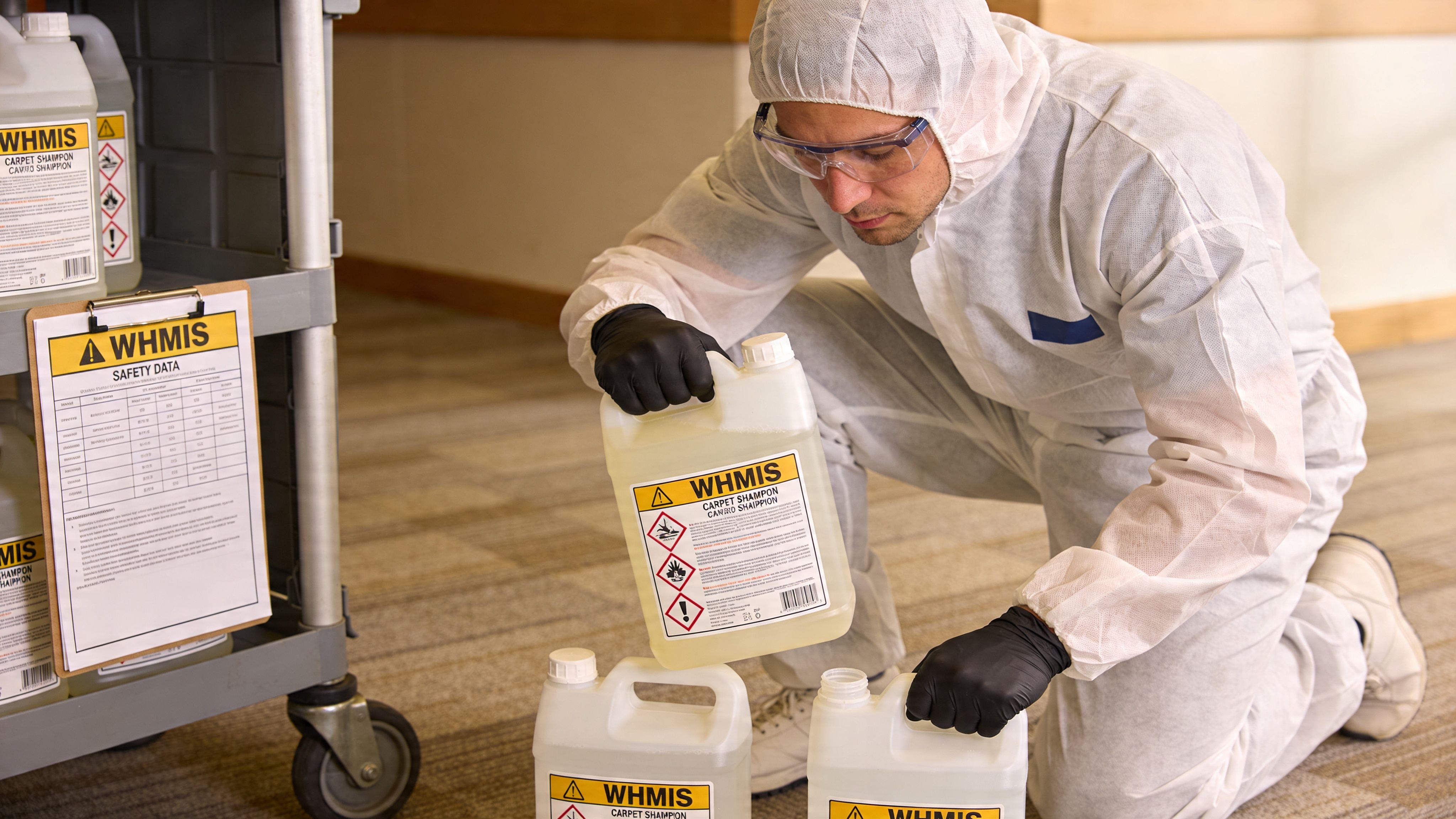 A professional in protective gear handling industrial carpet shampoo containers in a commercial building environment.