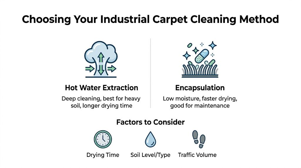 An infographic comparing hot water extraction and encapsulation methods for industrial carpet cleaning with factors to consider.