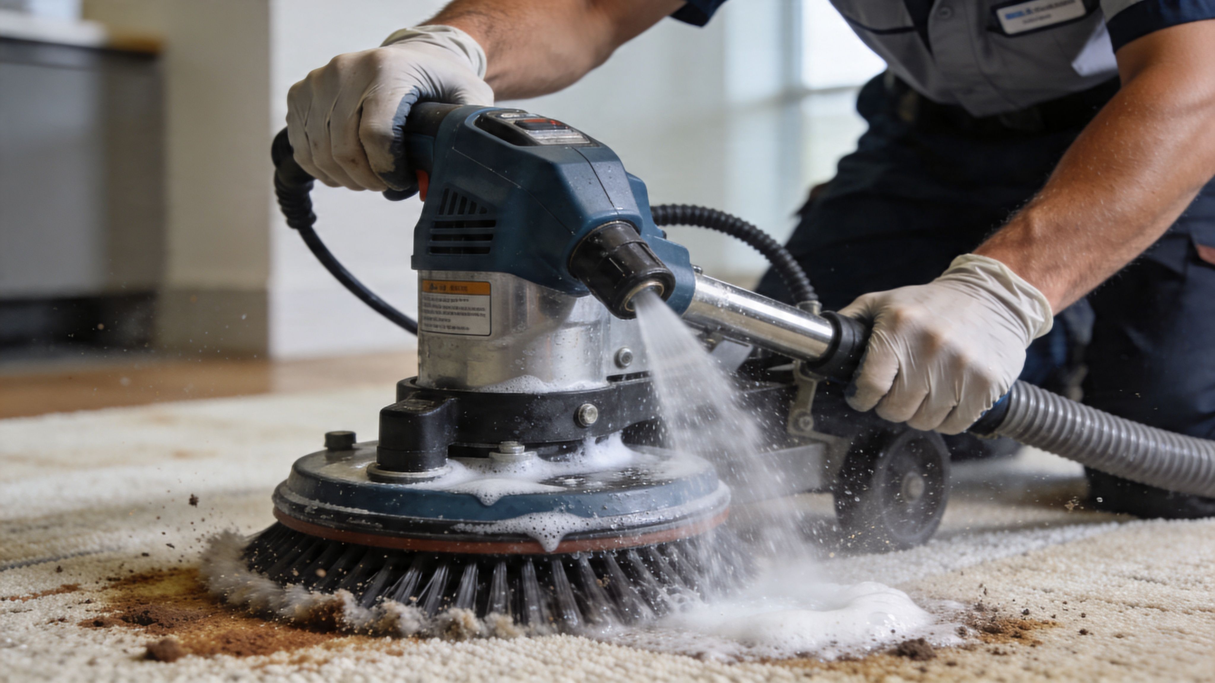 A professional technician using an industrial carpet cleaning machine to remove tough stains from a carpet.