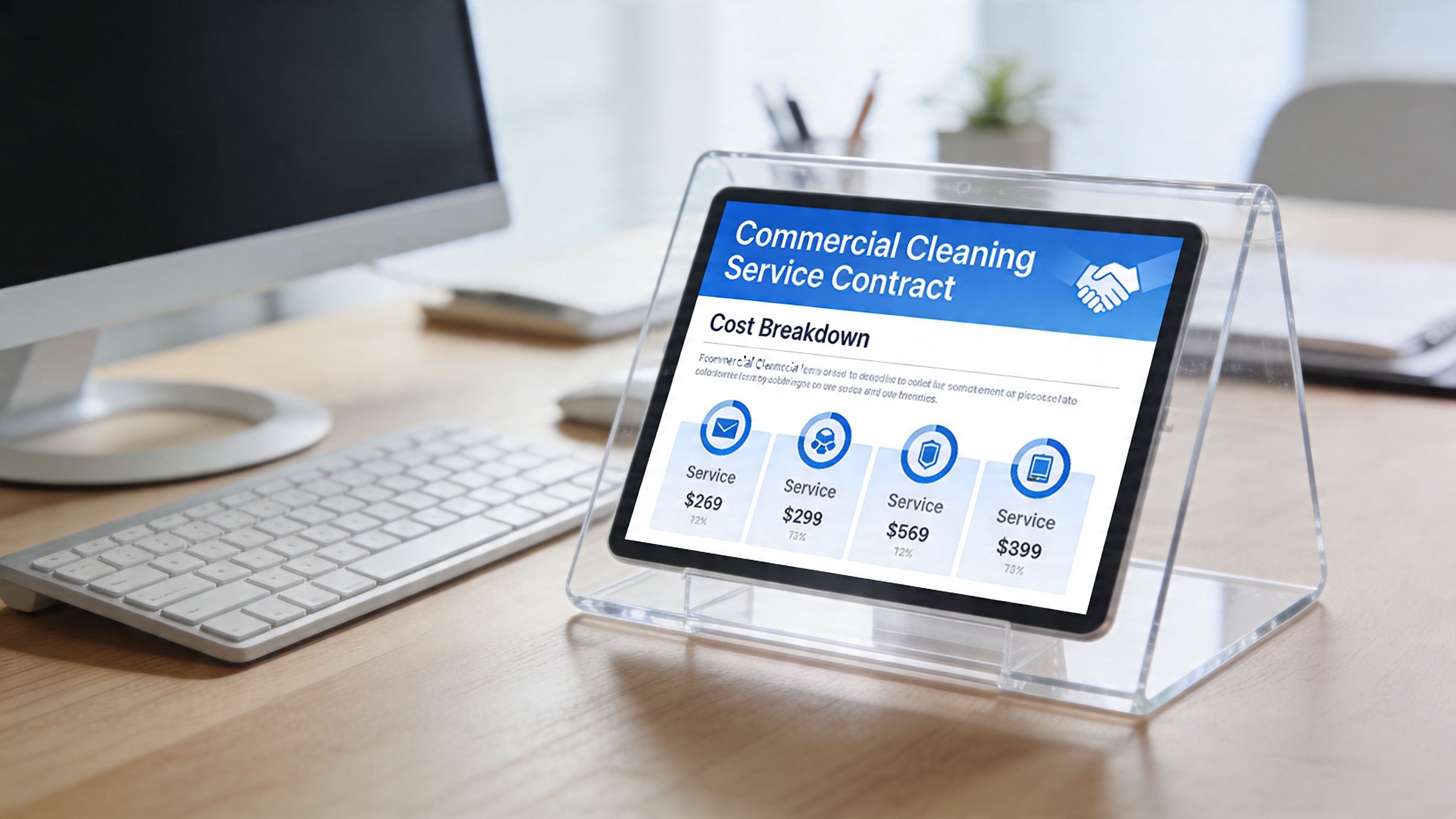A tablet on an office desk displaying a commercial cleaning service contract with cost breakdown details.