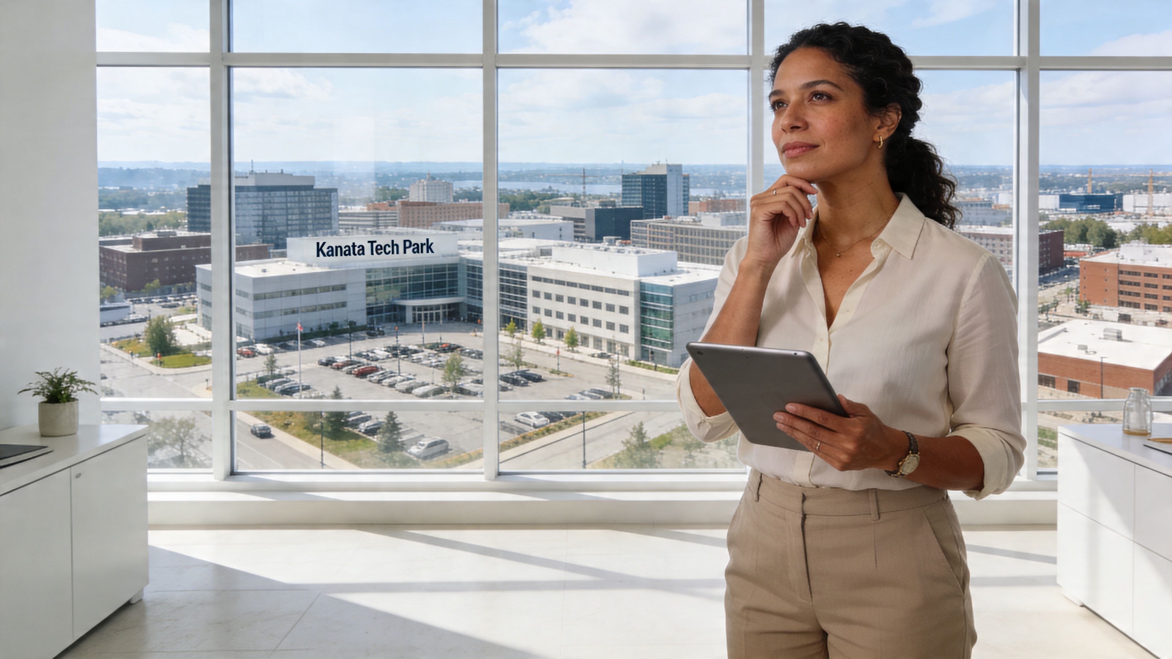 A professional woman holding a tablet looking out over the Kanata Tech Park office building.