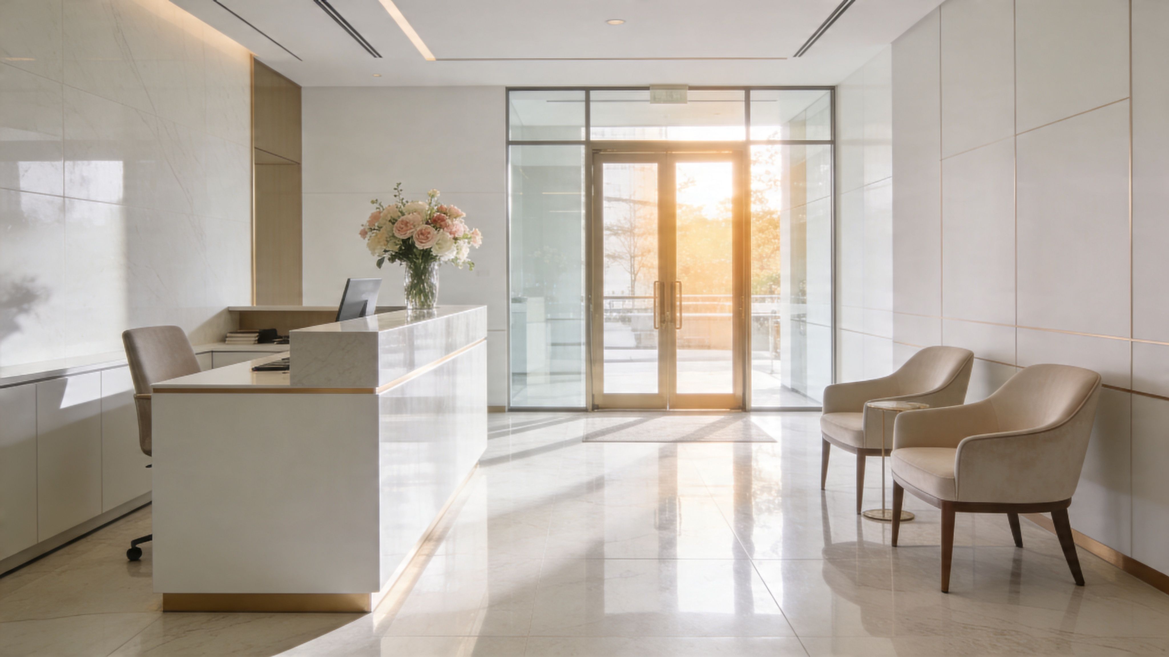 A bright and elegant modern office reception area with marble walls, a sleek desk, and comfortable chairs.