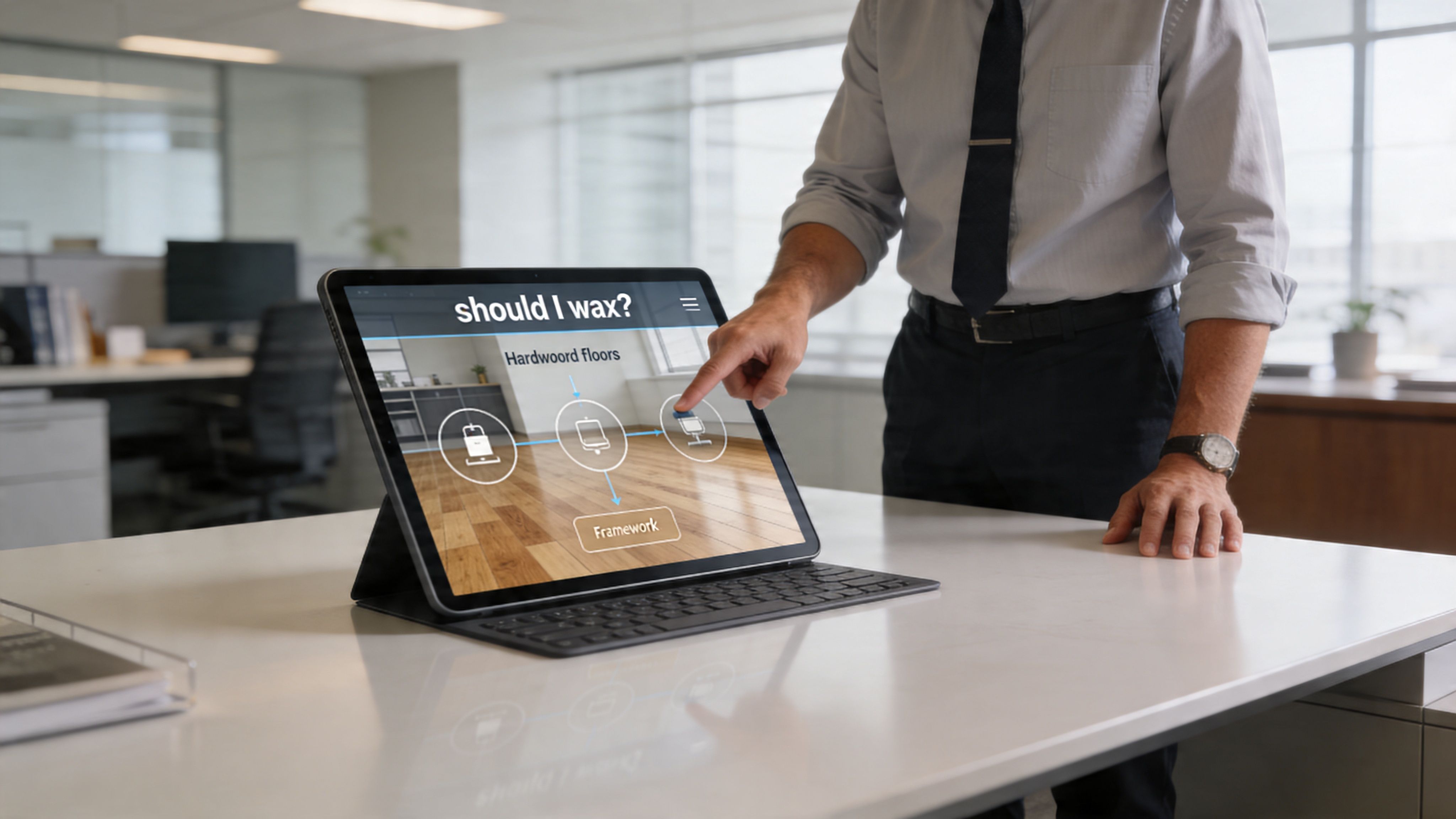 A professional man pointing at a digital flowchart on a tablet screen regarding hardwood floor maintenance.