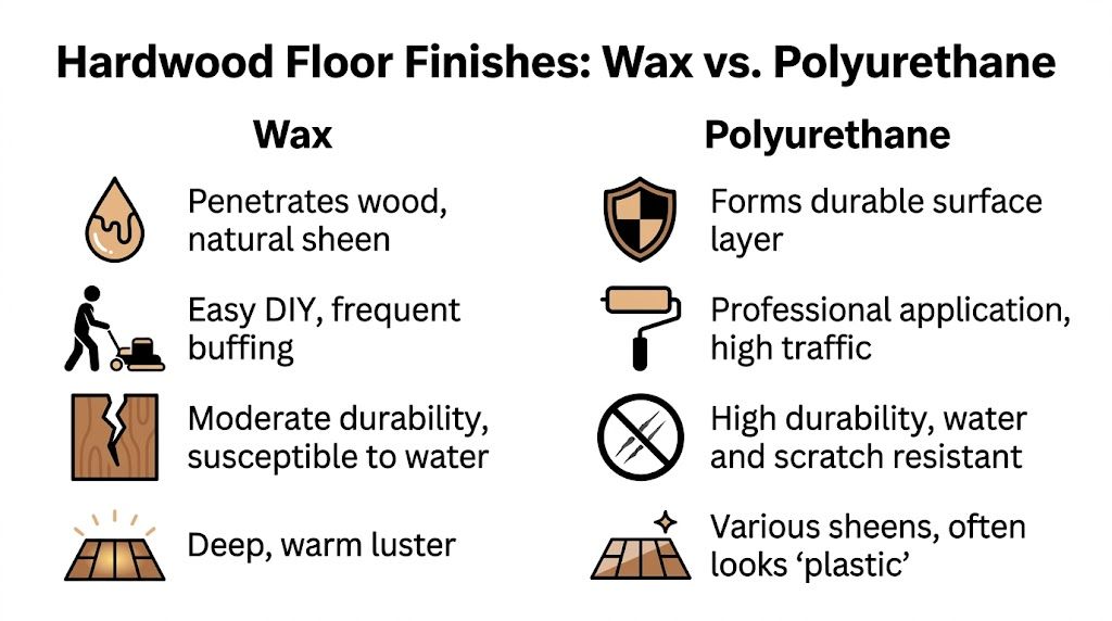 A comparison chart showing the characteristics of wax versus polyurethane finishes for hardwood flooring options.