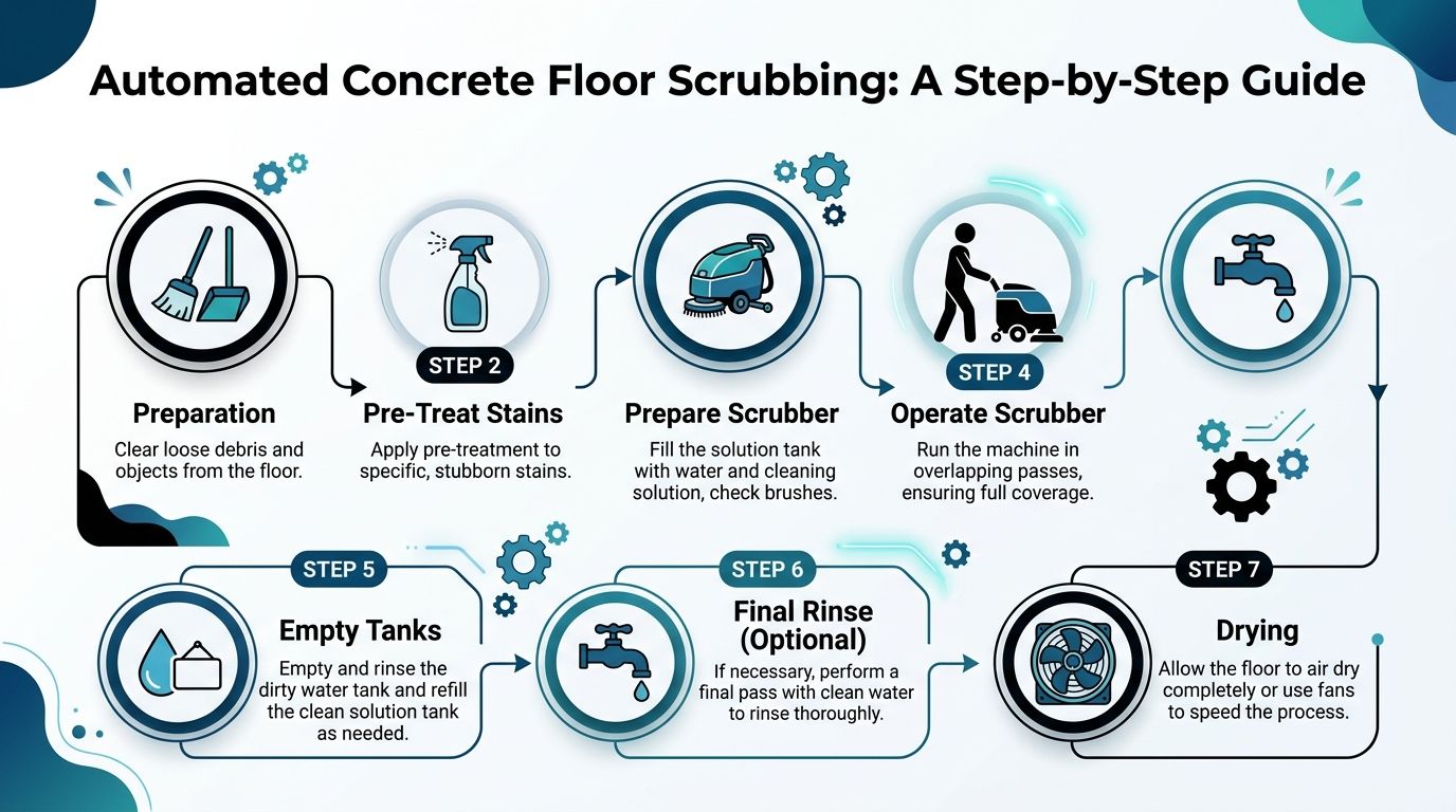 A step-by-step infographic guide illustrating the process of using an automated concrete floor scrubber for cleaning.