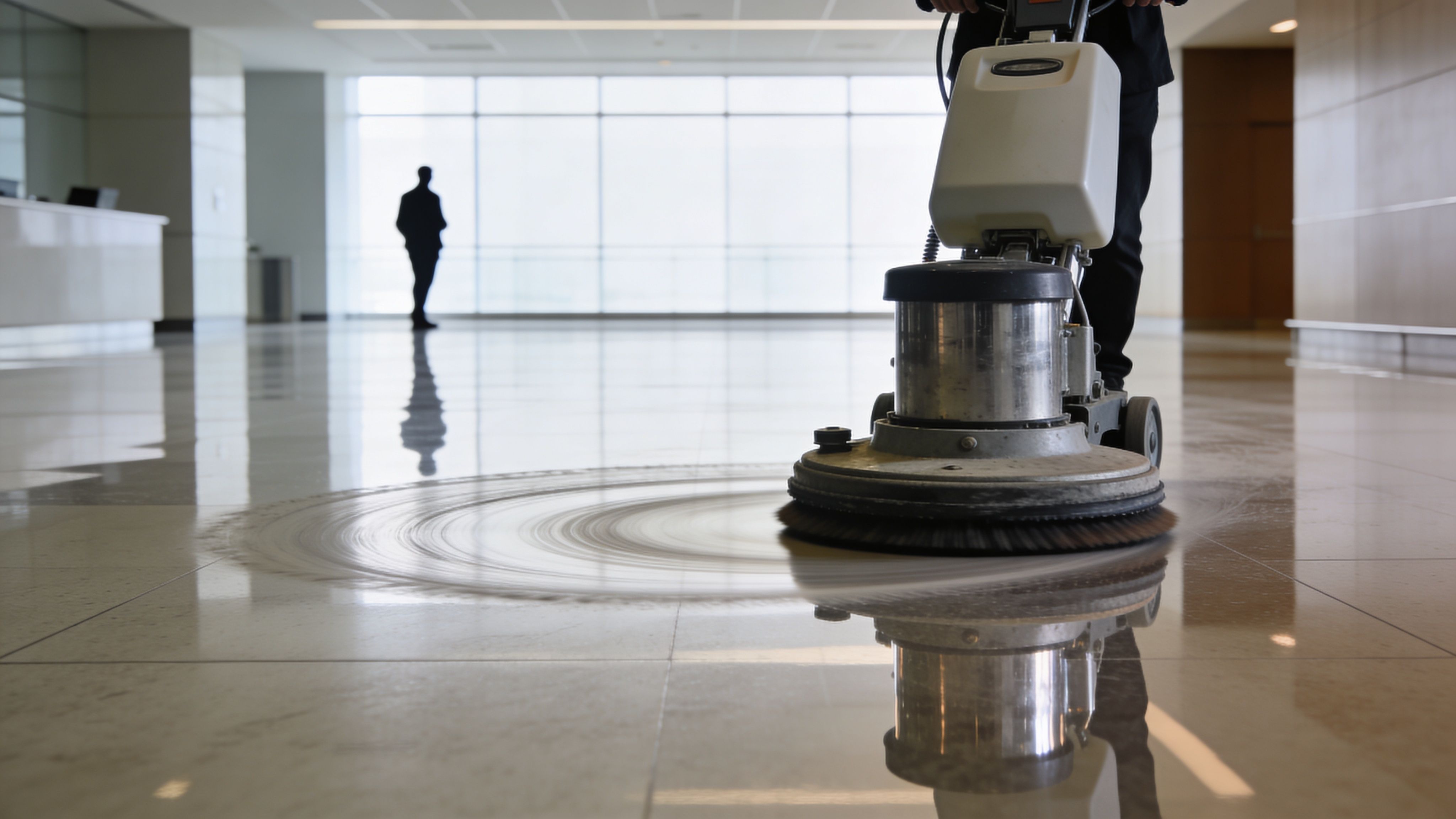A janitor operates a professional industrial floor buffer machine to polish a clean, shiny office hallway floor.