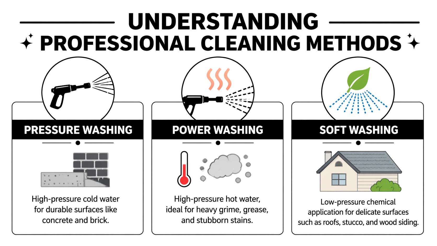 An infographic comparing professional cleaning methods including pressure washing, power washing, and soft washing techniques.