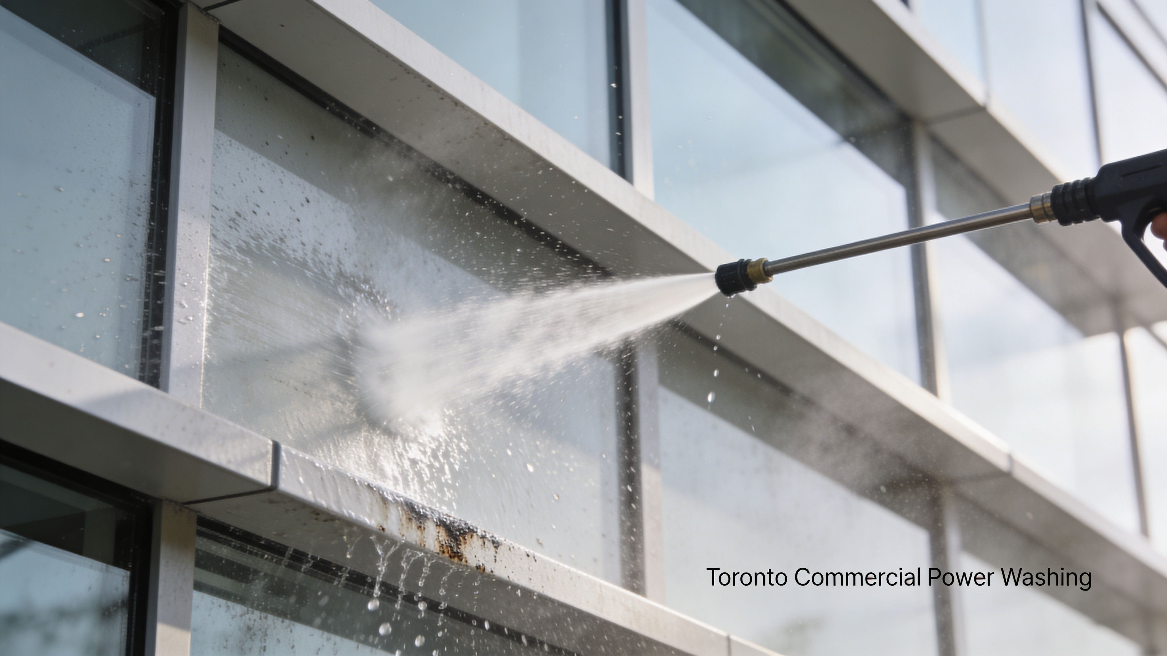 A professional high-pressure cleaner washing the dirty glass windows of a modern commercial building in Toronto.