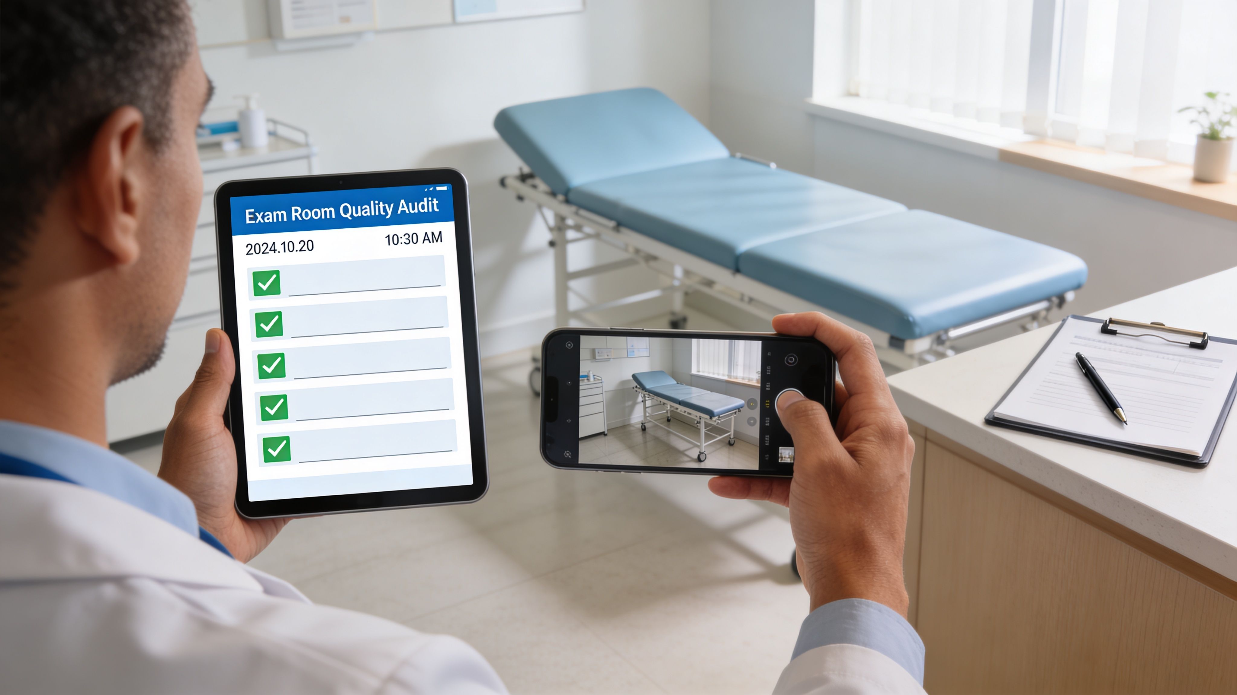 A doctor holding a tablet with a digital quality audit checklist while photographing an exam room.