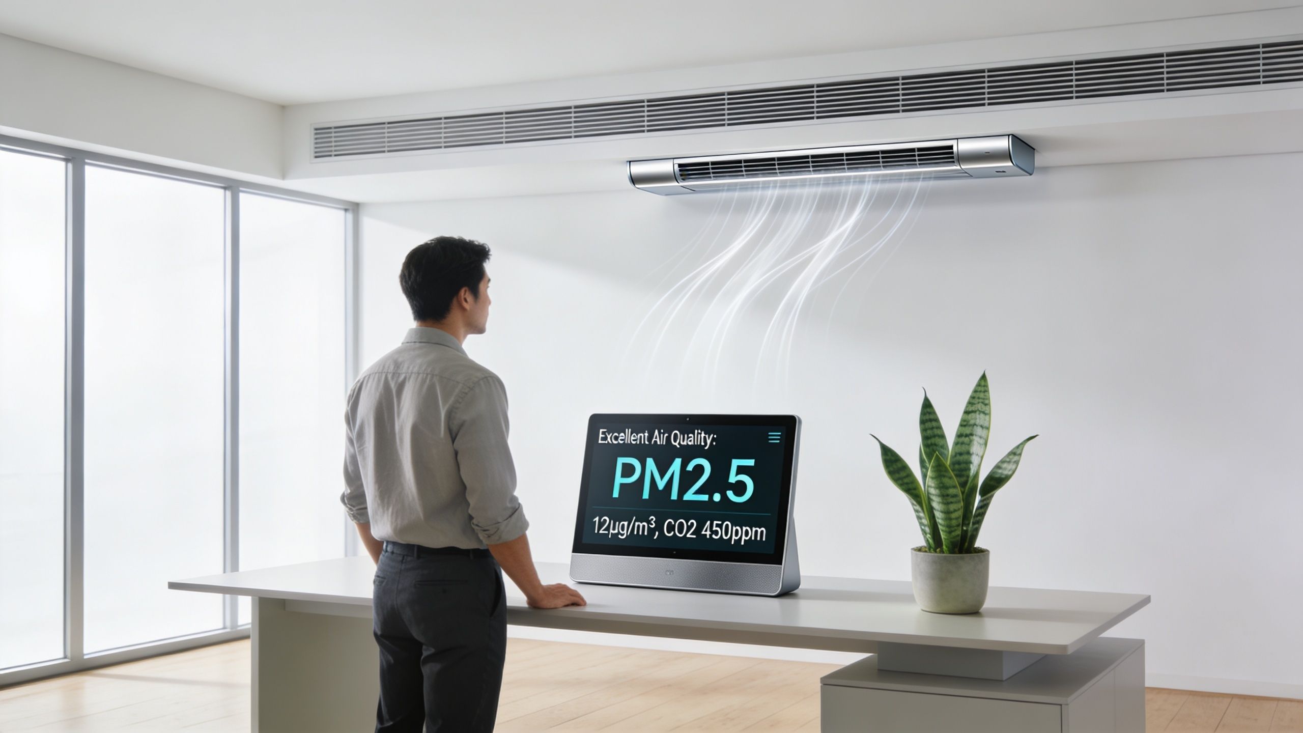 A professional man checking air quality levels on a digital monitor in a clean, modern office space.