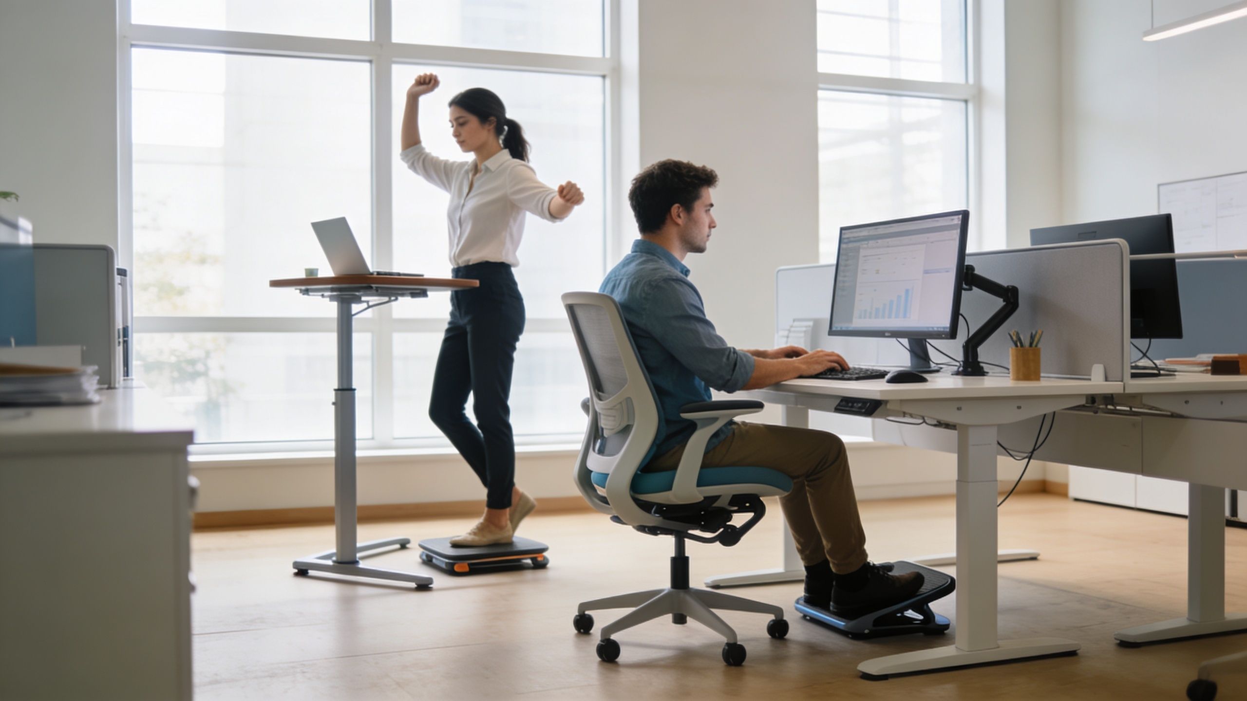 A woman stands on a balance board at a desk while a man sits working at his computer.