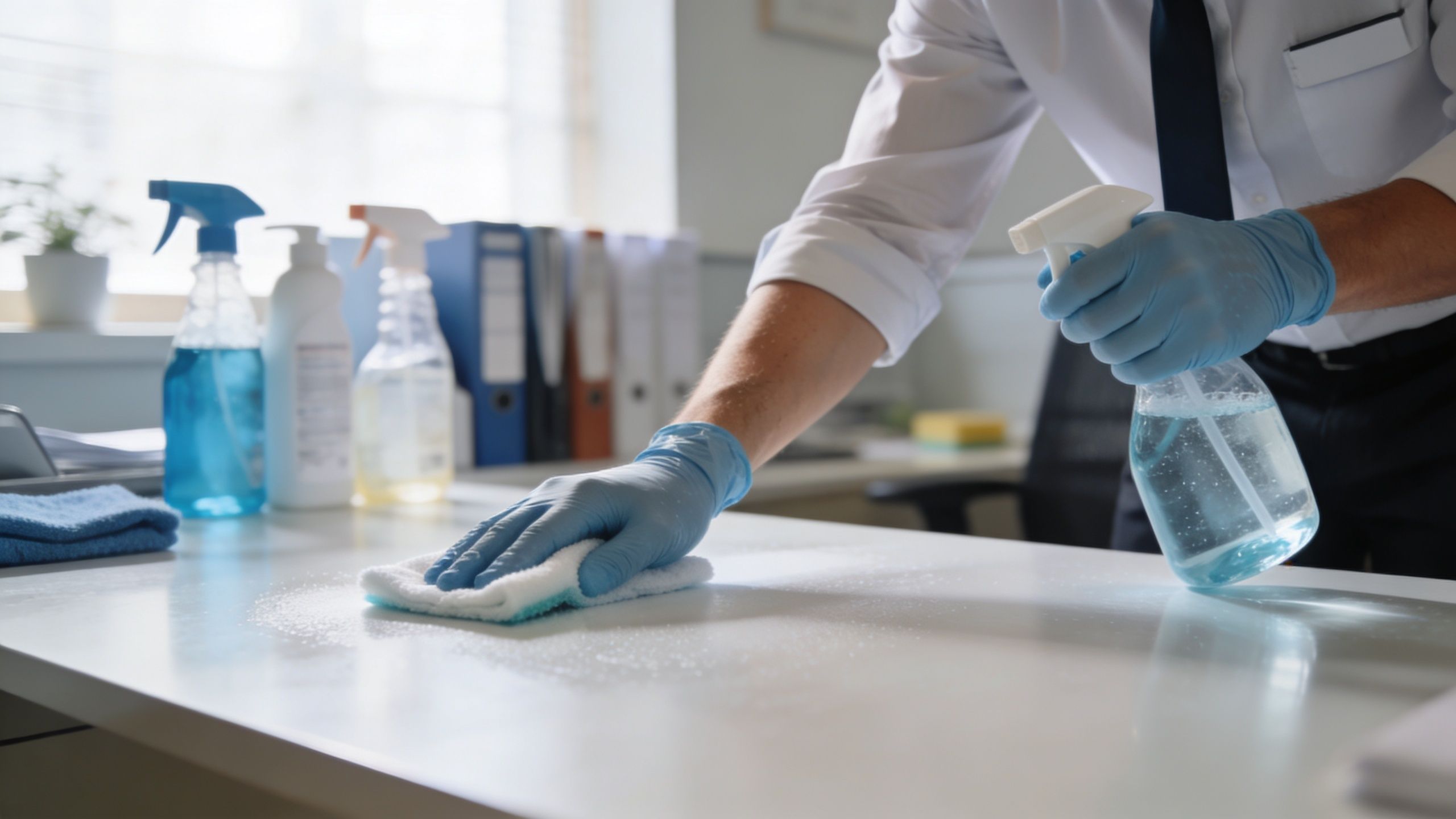 A professional office worker wearing blue gloves cleaning and sanitizing a white desk to ensure hygiene.