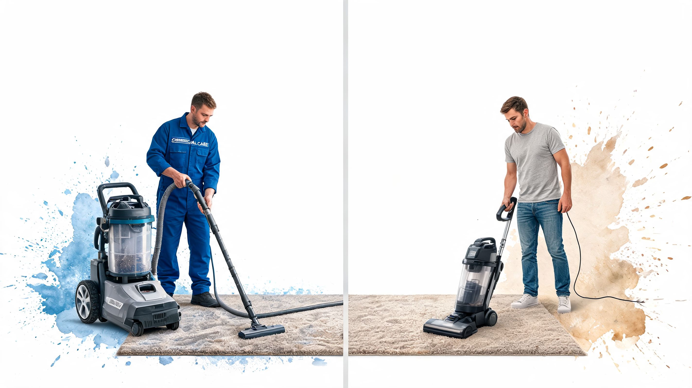 A split-screen comparison showing a professional cleaner and a homeowner using different types of vacuum cleaners.
