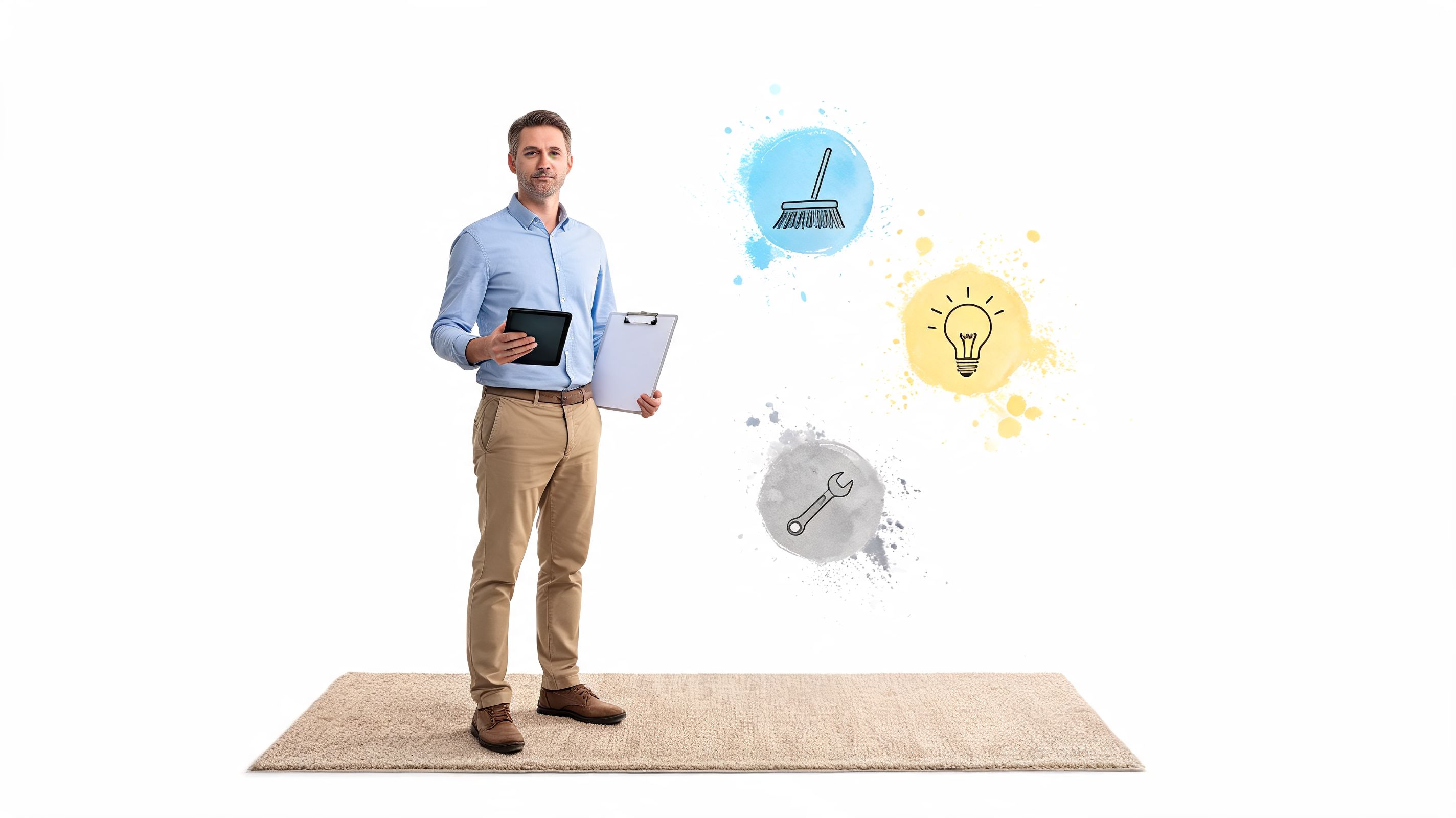 A professional man standing on a carpet holding a tablet and clipboard, surrounded by service concept icons.