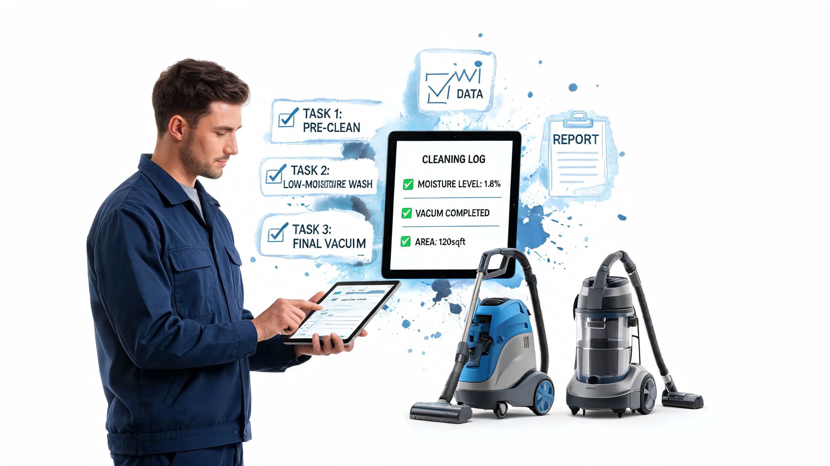 A technician using a tablet to monitor professional carpet cleaning equipment and digitized cleaning task logs.