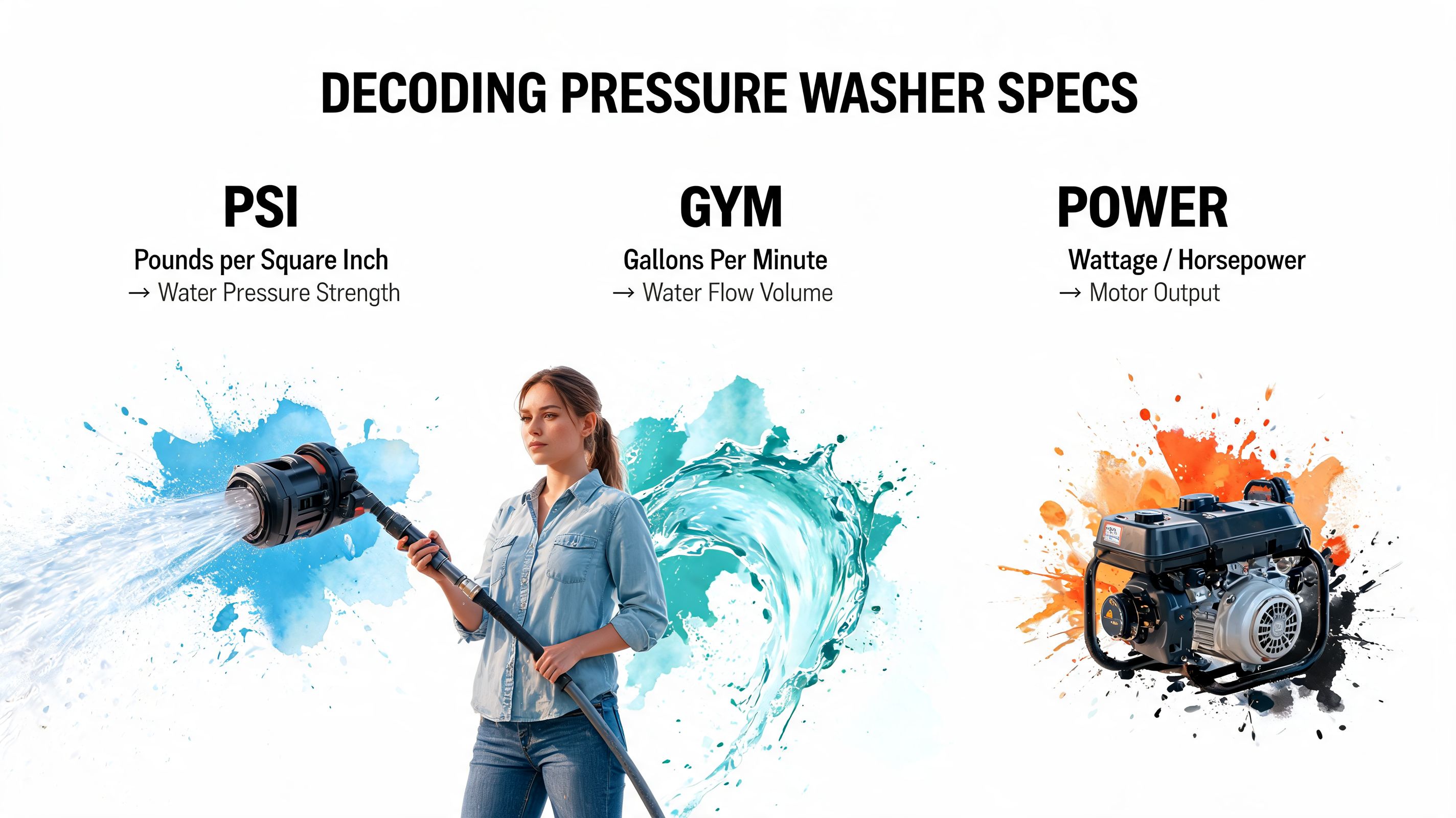 A woman demonstrating a pressure washer, with text explaining PSI, GPM, and power specifications for cleaning.