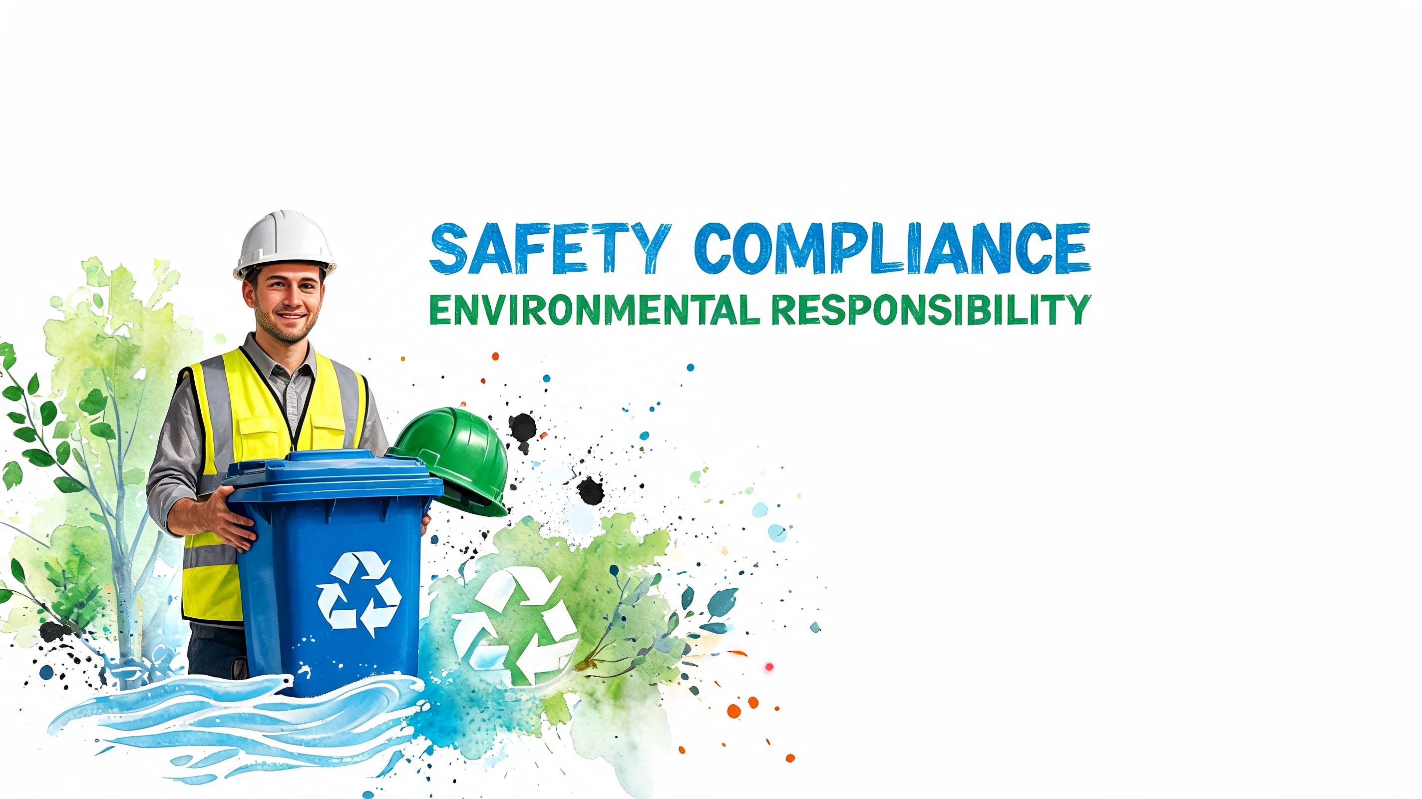 A smiling construction worker wearing a safety helmet and reflective vest holding a blue recycling bin.