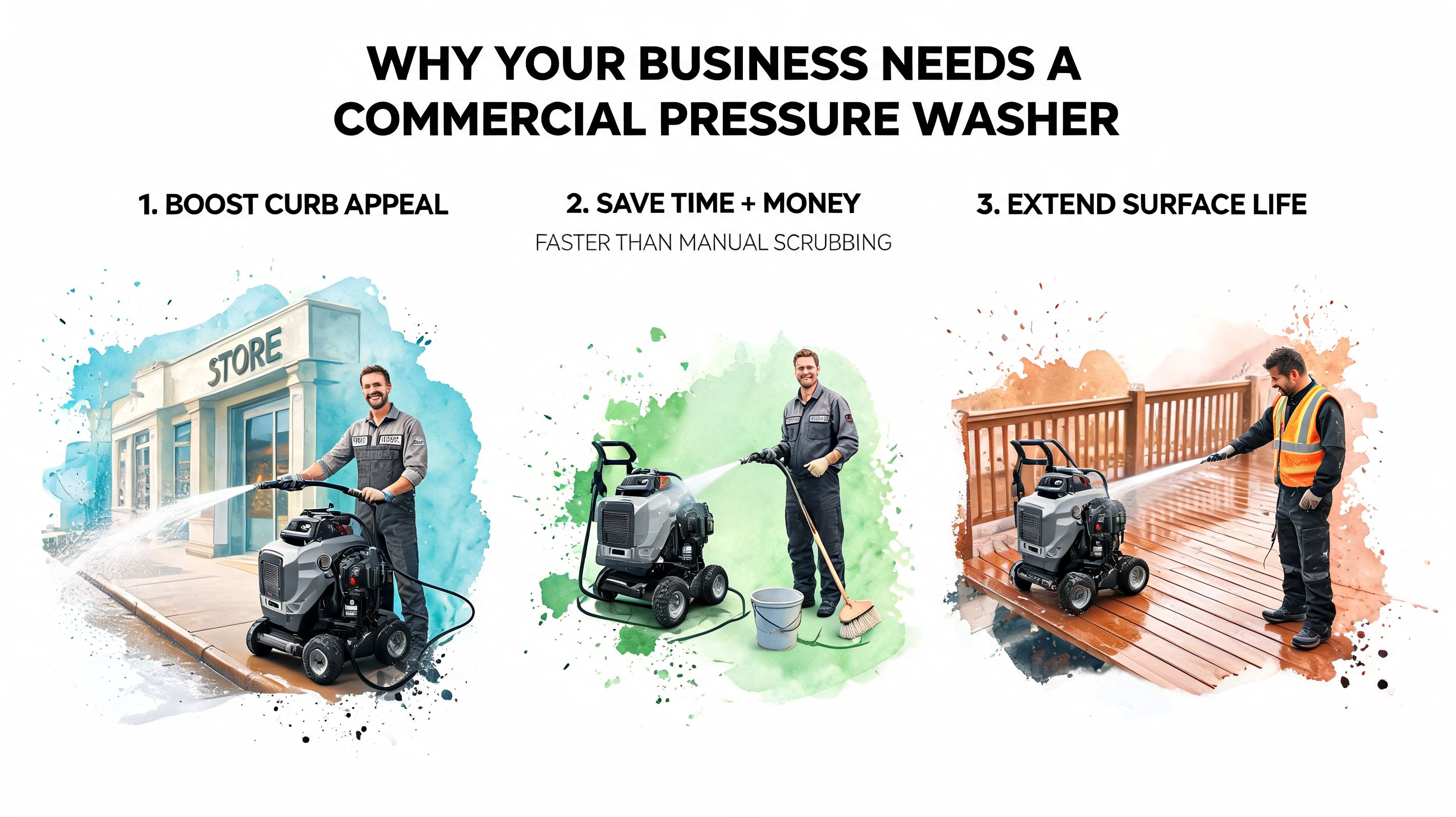 A graphic highlighting the three key business benefits of using a professional commercial pressure washer.