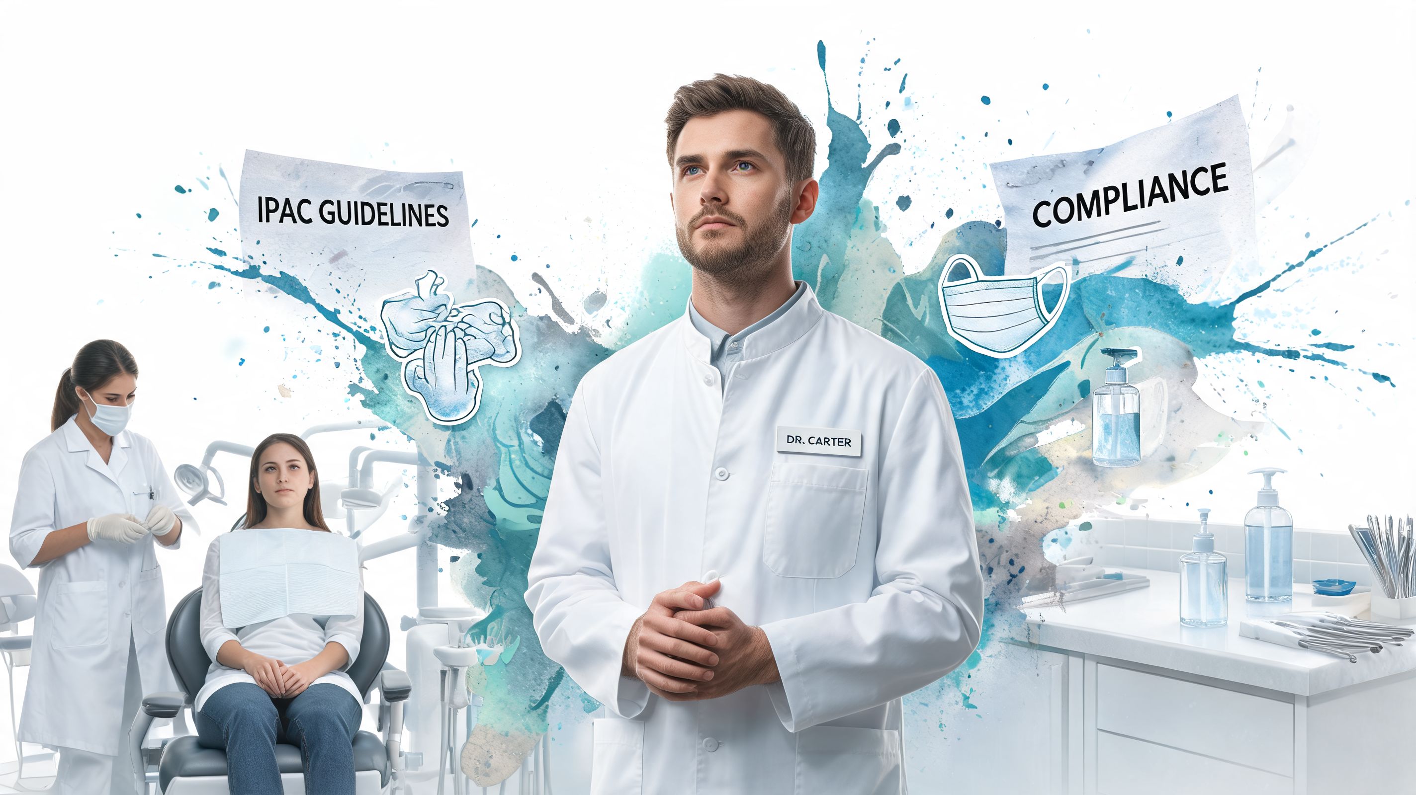 A dentist stands in a clinic with graphic overlays illustrating IPAC guidelines and health compliance measures.