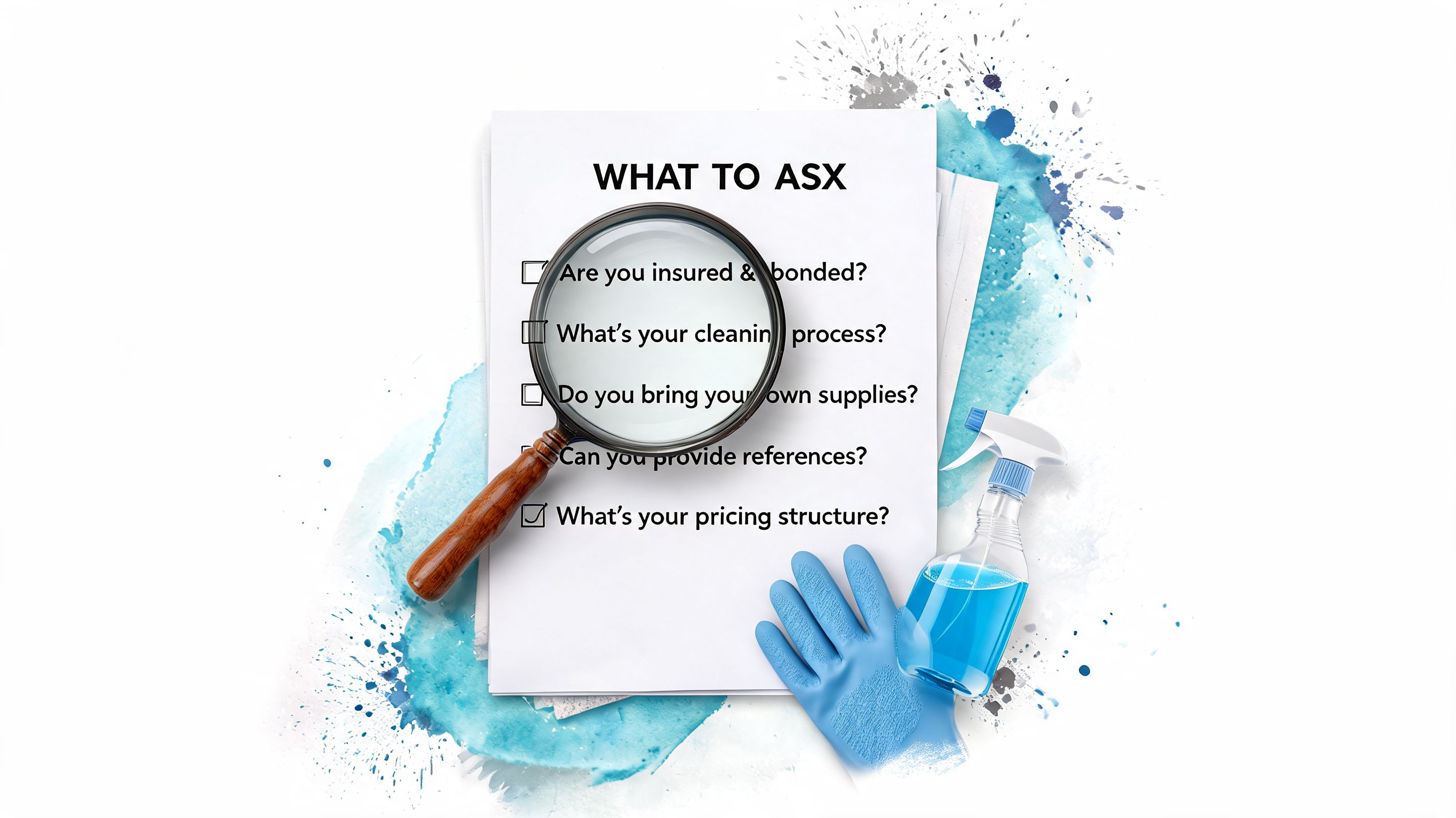 A magnifying glass placed over a checklist of questions to ask when hiring professional cleaning services.