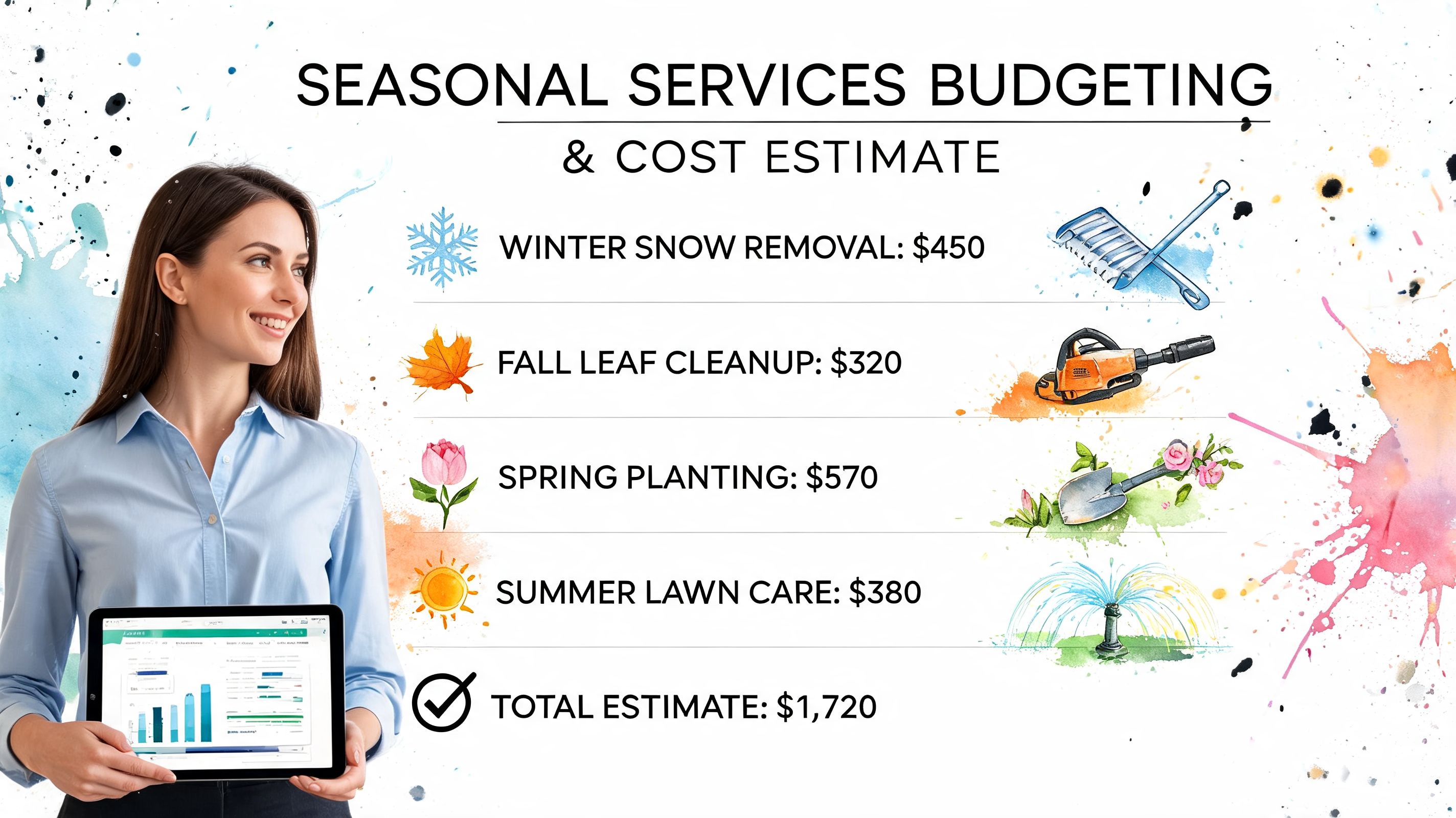 A smiling woman holding a tablet displaying a budget graph for seasonal landscaping and cleaning services.