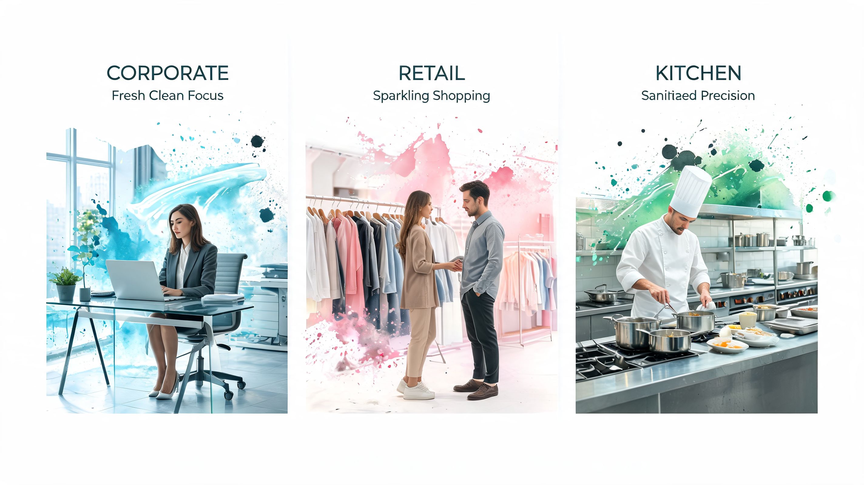 A visual representation of professional cleaning services in corporate office, retail store, and professional kitchen environments.