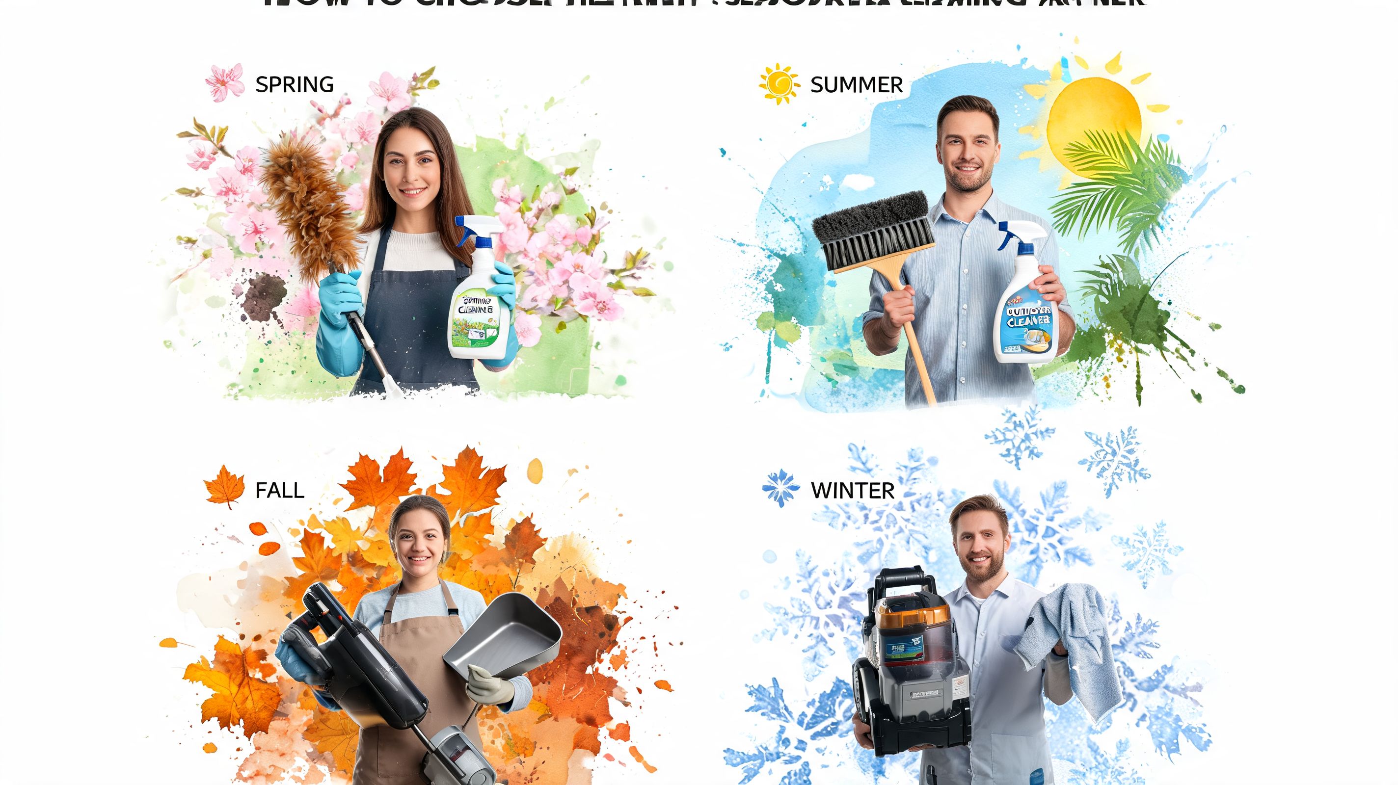 A composite image showing four people holding different cleaning supplies representing spring, summer, fall, and winter cleaning.