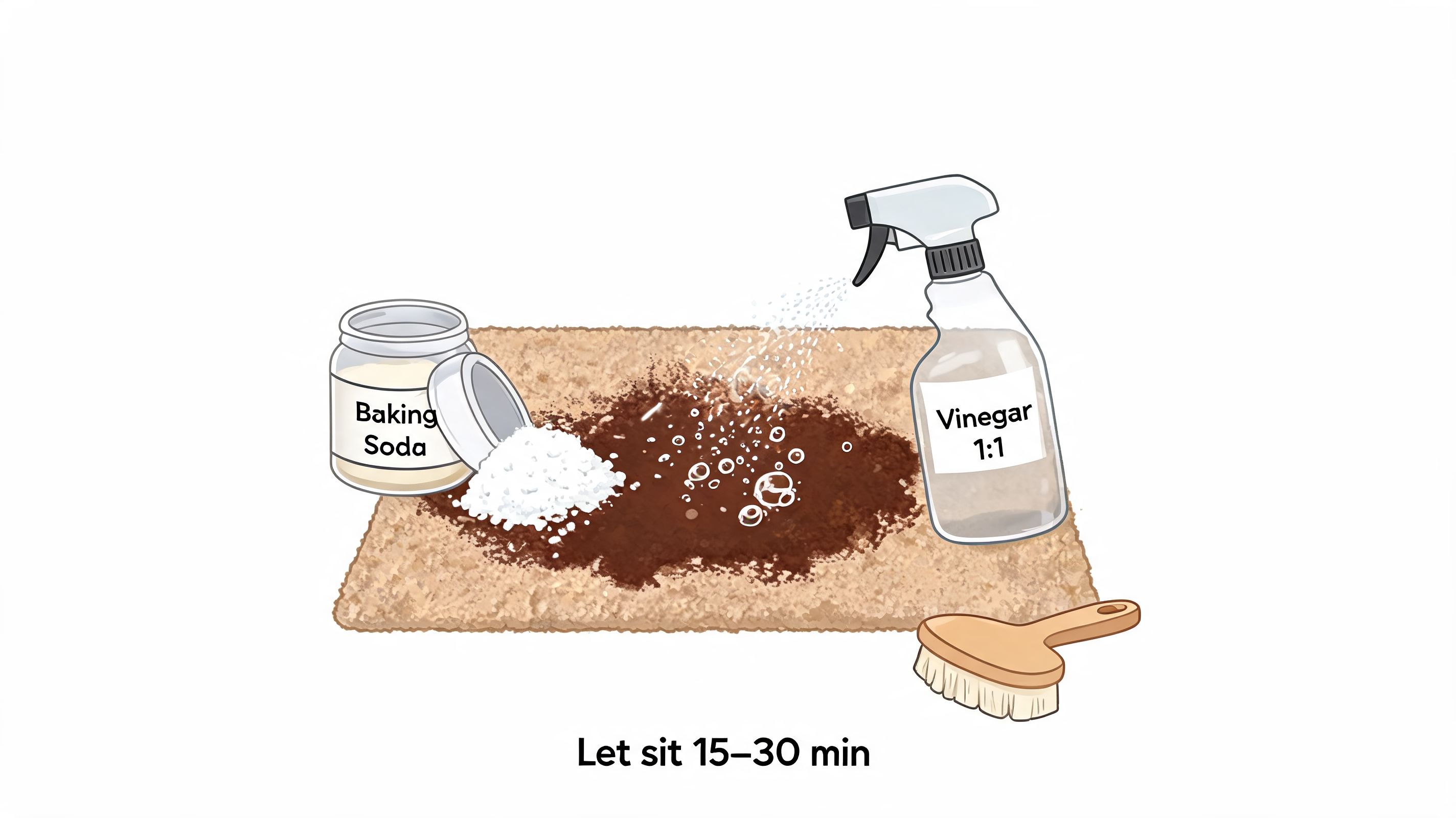 A diagram demonstrating how to clean a carpet stain using baking soda and a vinegar spray.