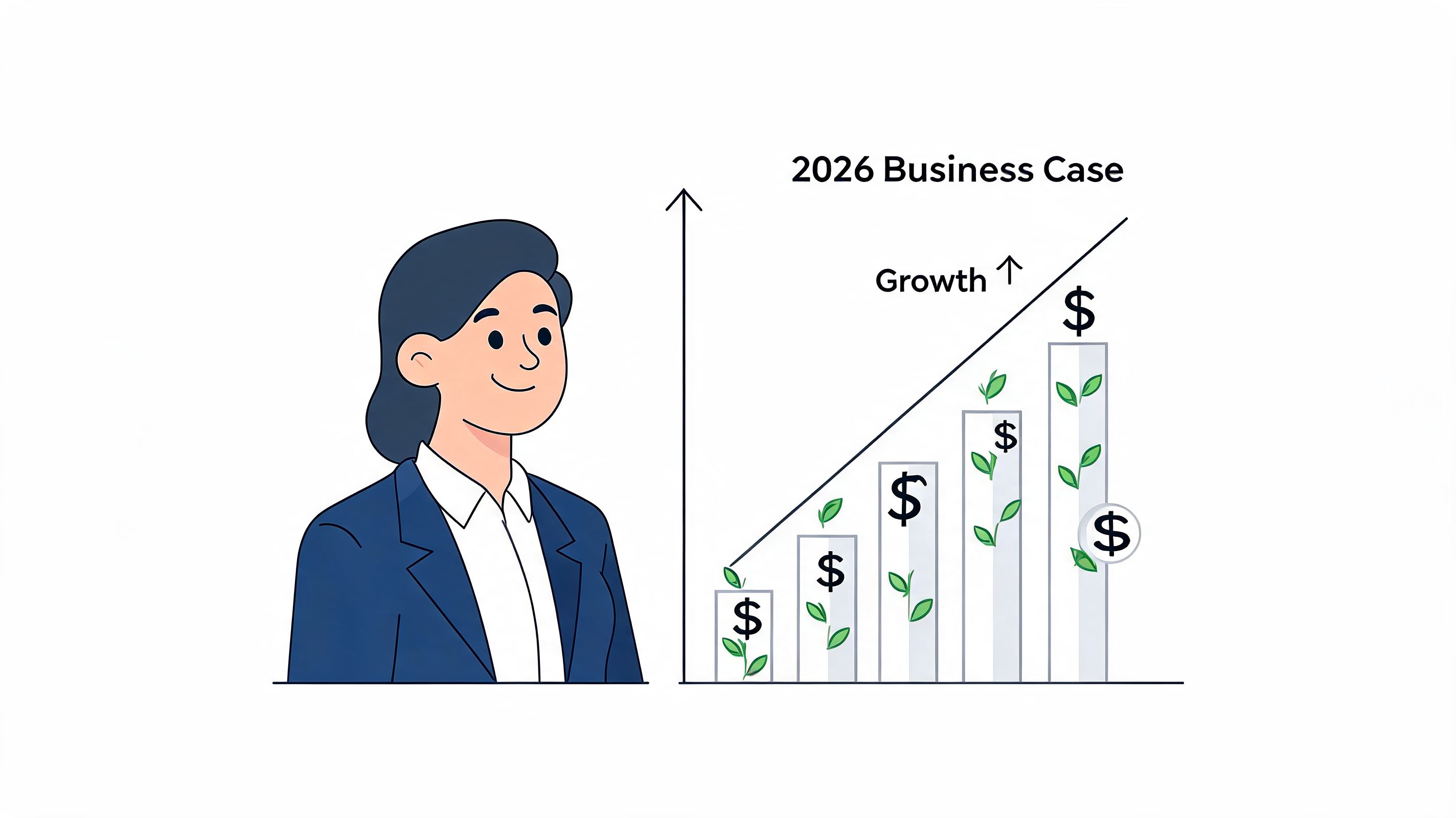 A professional woman looking at a rising bar chart illustrating business growth and eco-friendly financial success.