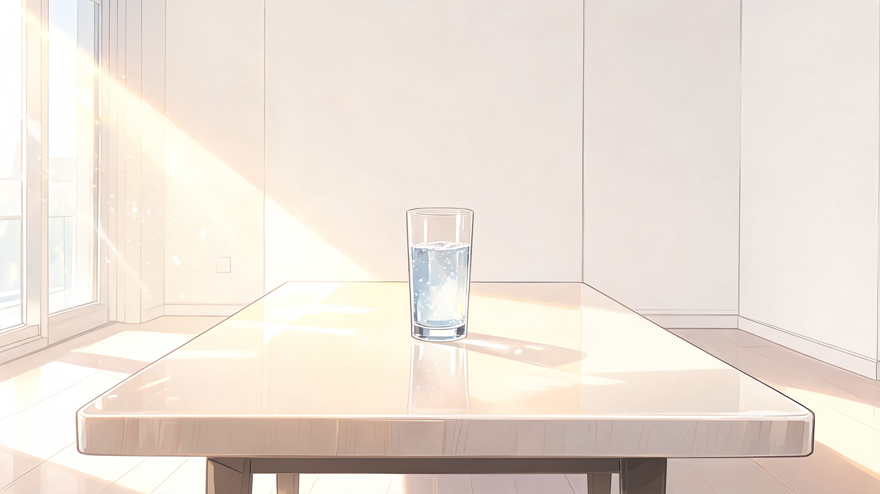 A clear glass of water sits on a clean, reflective table in a bright, sunlit room.