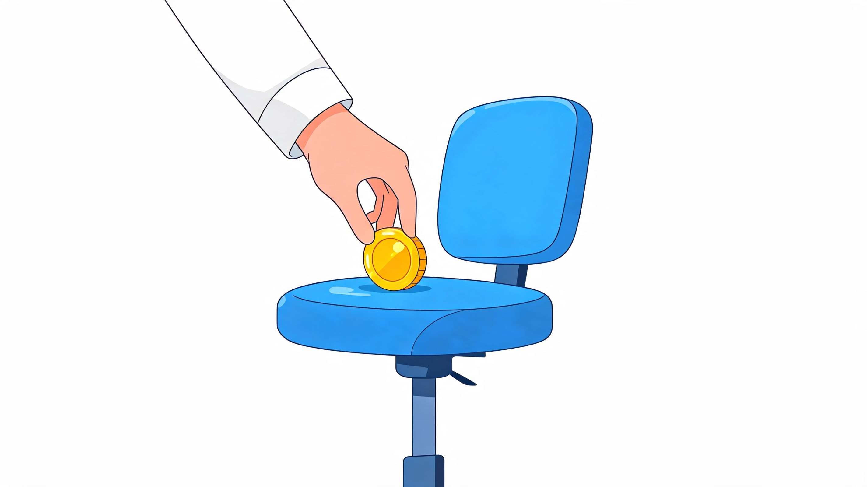 A hand placing a gold coin onto a blue office chair seat, representing commercial upholstery cleaning services.