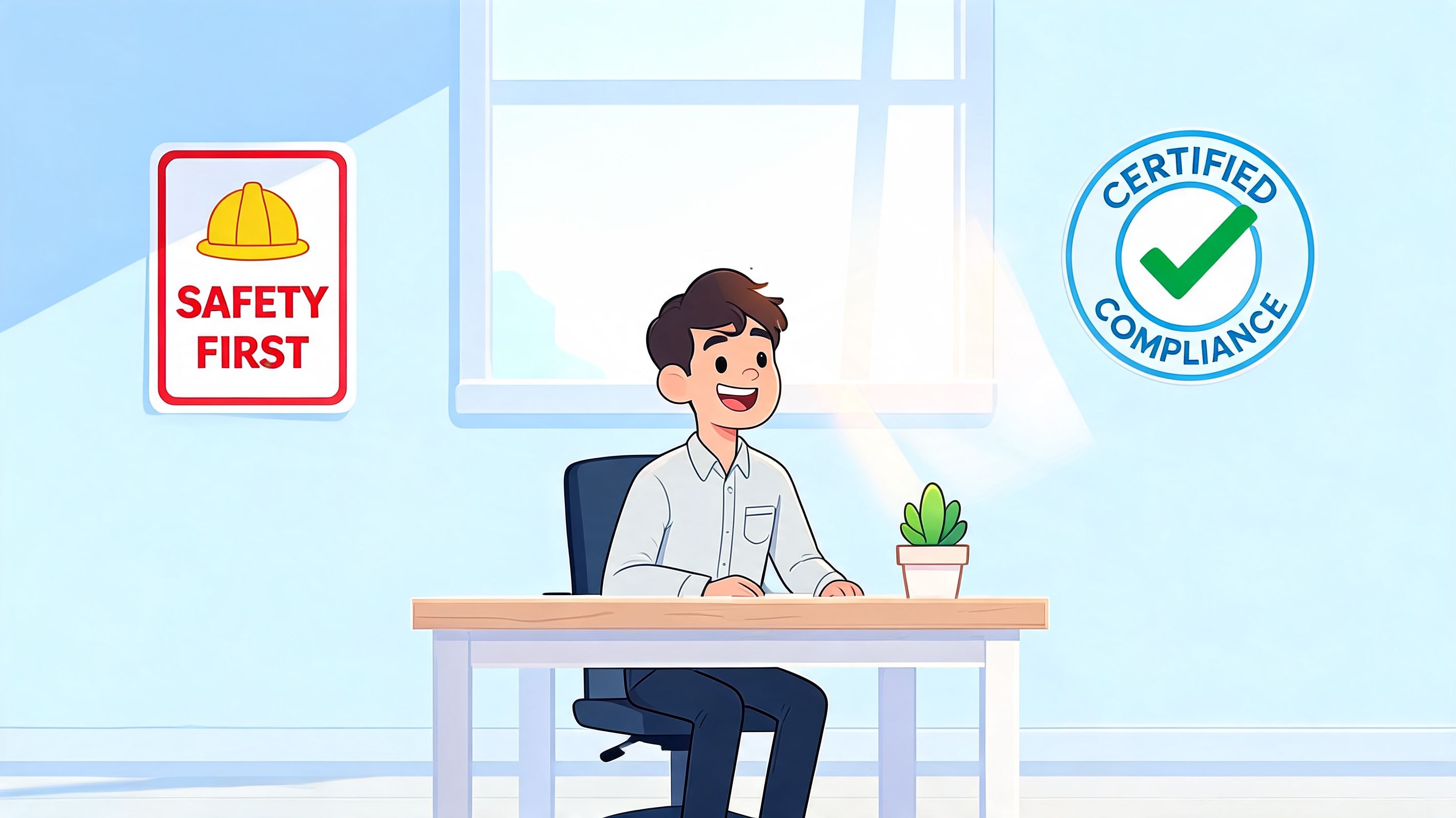 A professional man sitting at a desk in an office with safety and compliance signs behind him.