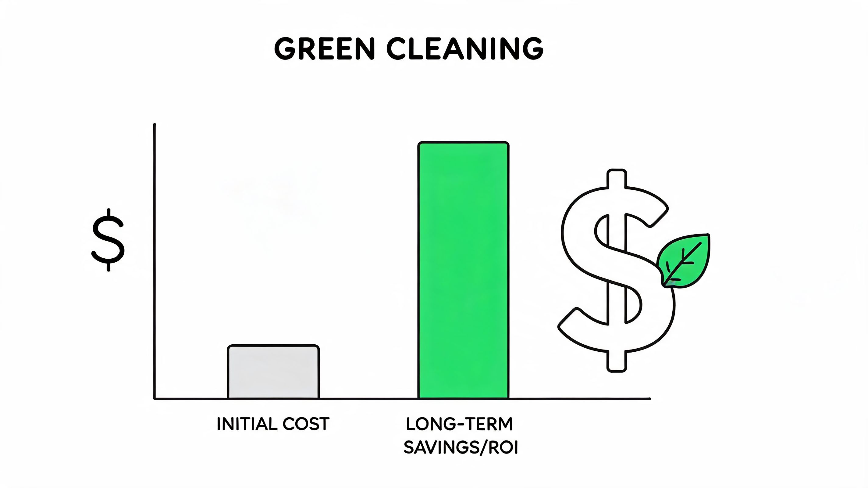 A bar chart comparing lower initial costs to significantly higher long-term savings for green cleaning services.