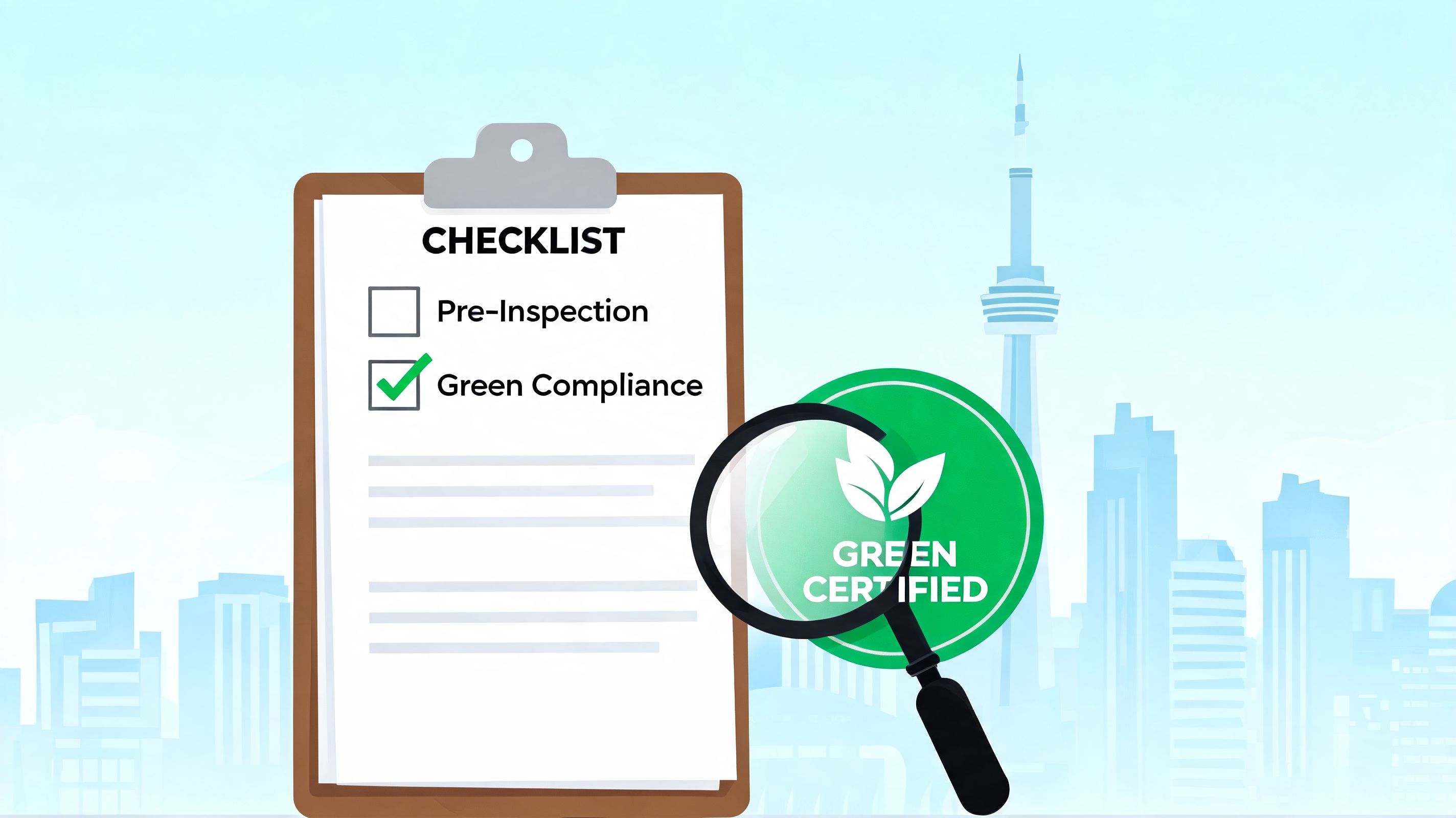 A checklist clipboard with green certification and a magnifying glass against a Toronto skyline background.