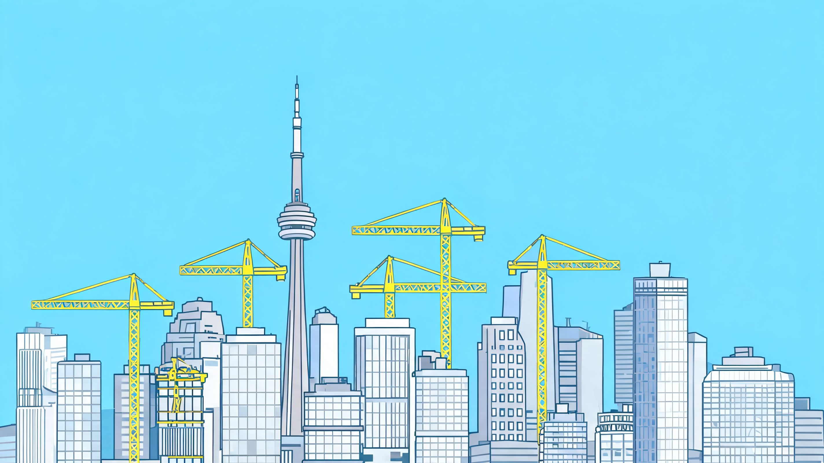 A digital illustration of the Toronto skyline featuring the CN Tower surrounded by yellow construction cranes.