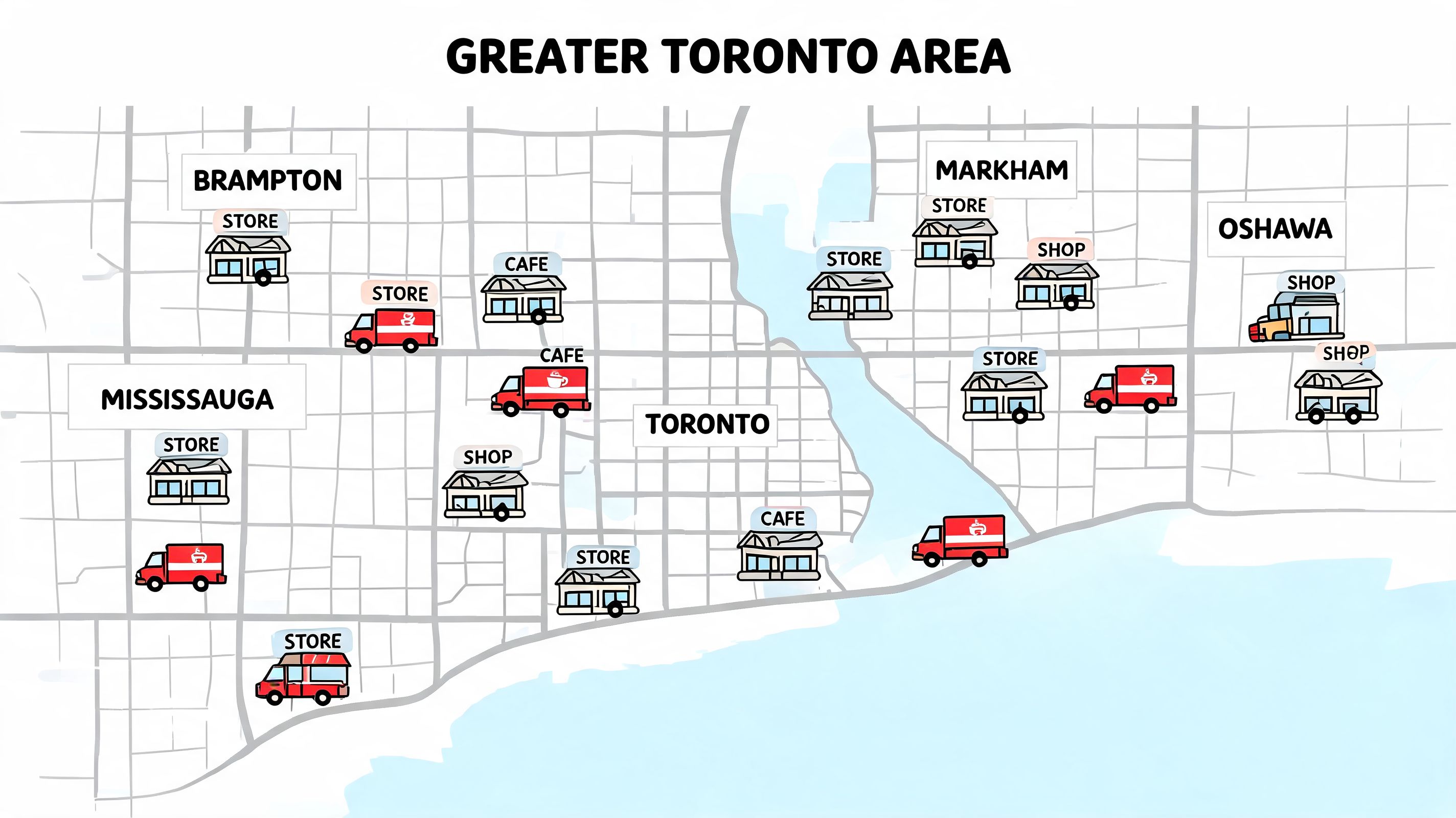 A map of the Greater Toronto Area displaying icons for cafes, shops, stores, and delivery trucks.
