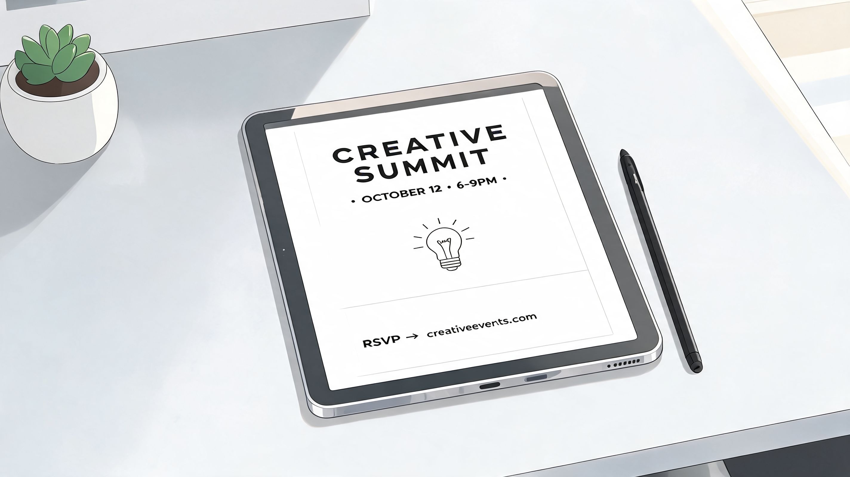 A digital tablet displaying a creative summit event flyer sits on a clean white office desk.