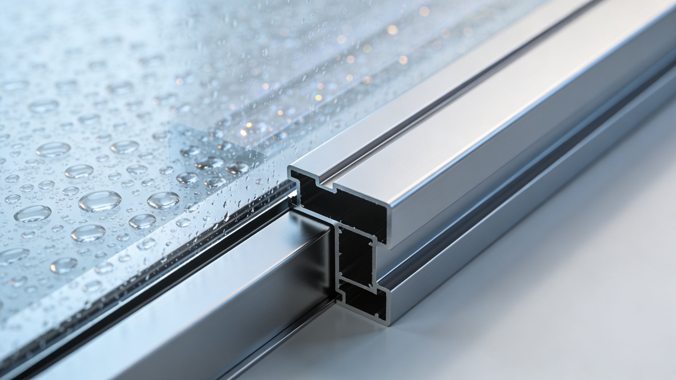 Close-up of a modern aluminum window frame profile featuring condensation droplets on the glass surface
