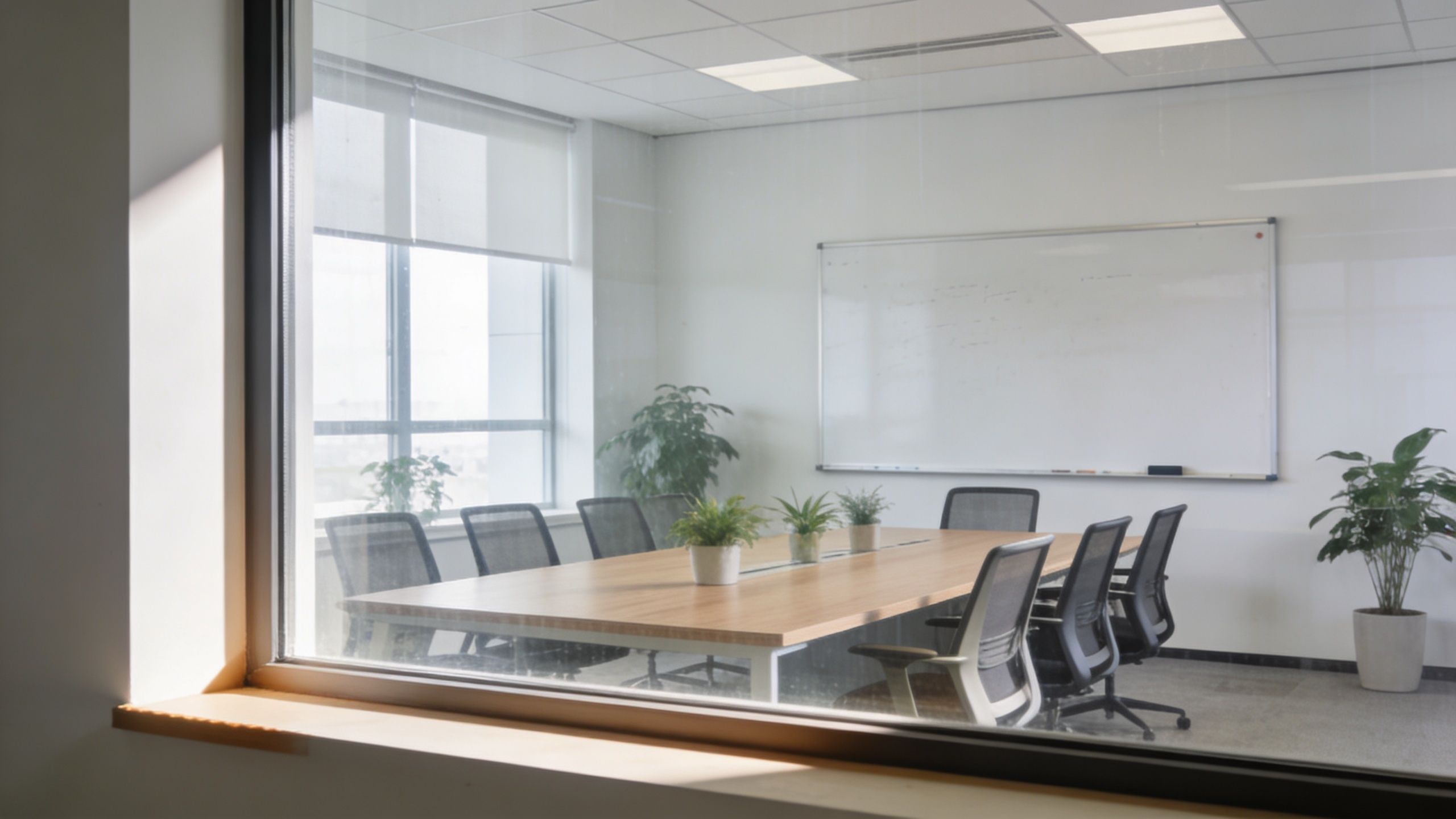 A view through a glass pane into a modern, empty conference room with a long table.