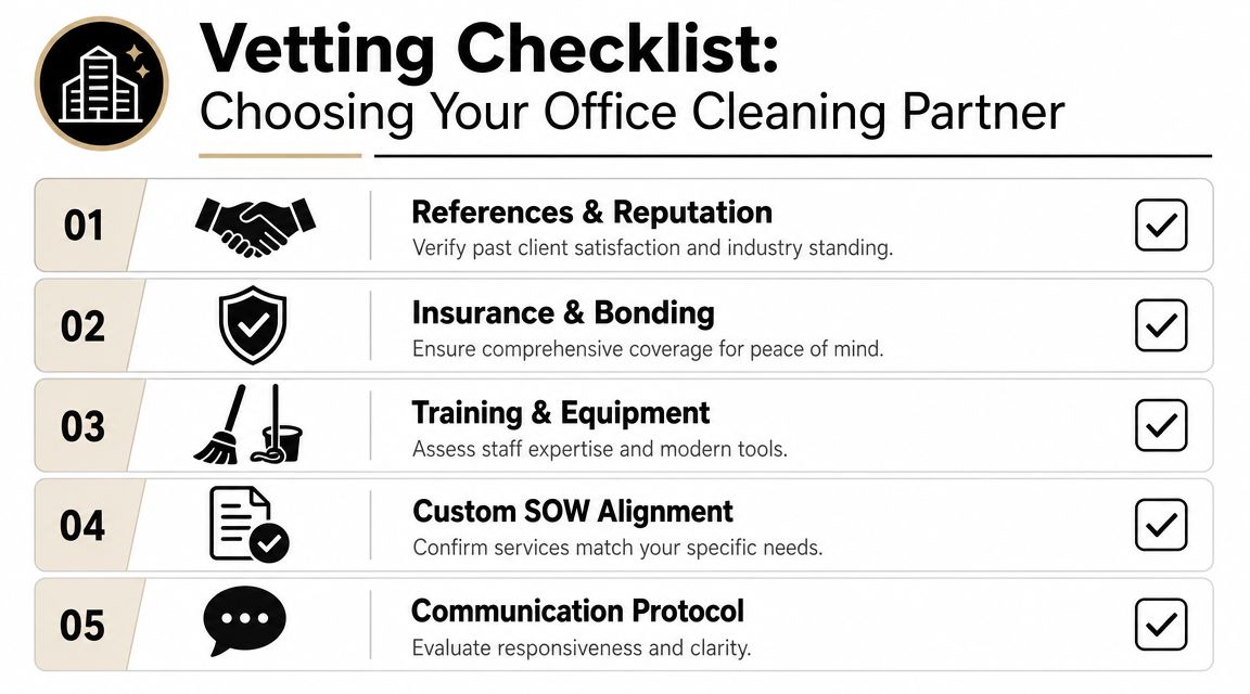 A checklist for choosing an office cleaning partner featuring five essential criteria for professional vetting.