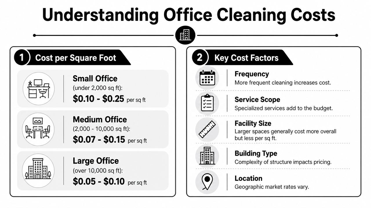 An infographic detailing office cleaning costs based on square footage and various influencing service factors.