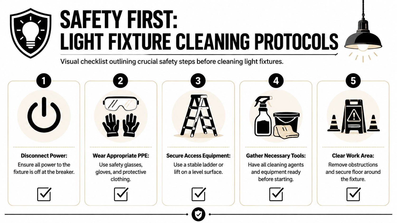 A safety checklist infographic illustrating five essential protocols for safely cleaning light fixtures before beginning work.